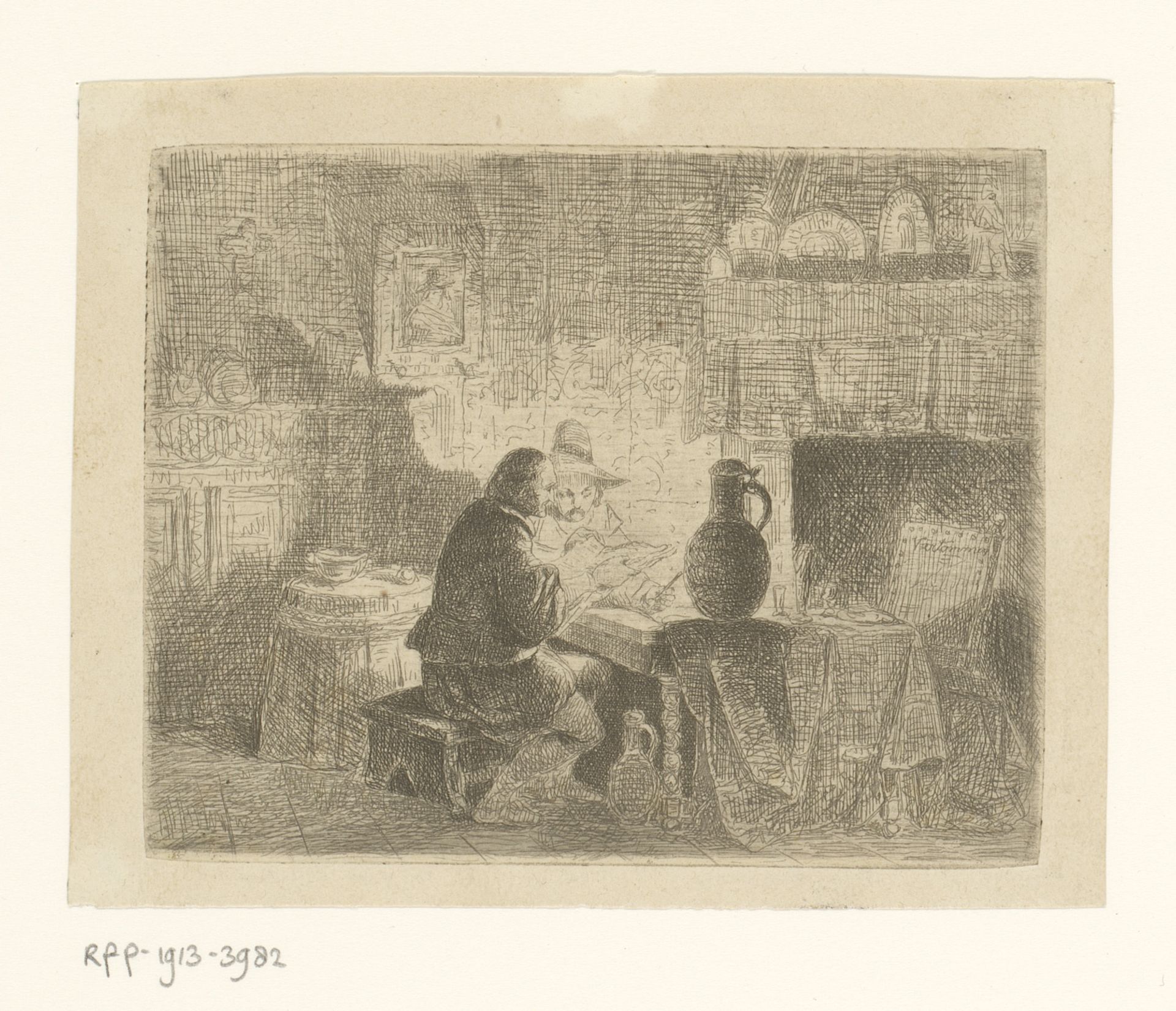 Interieur met twee lezende mannen aan een tafel met kruik by Guillaume Joseph Vertommen