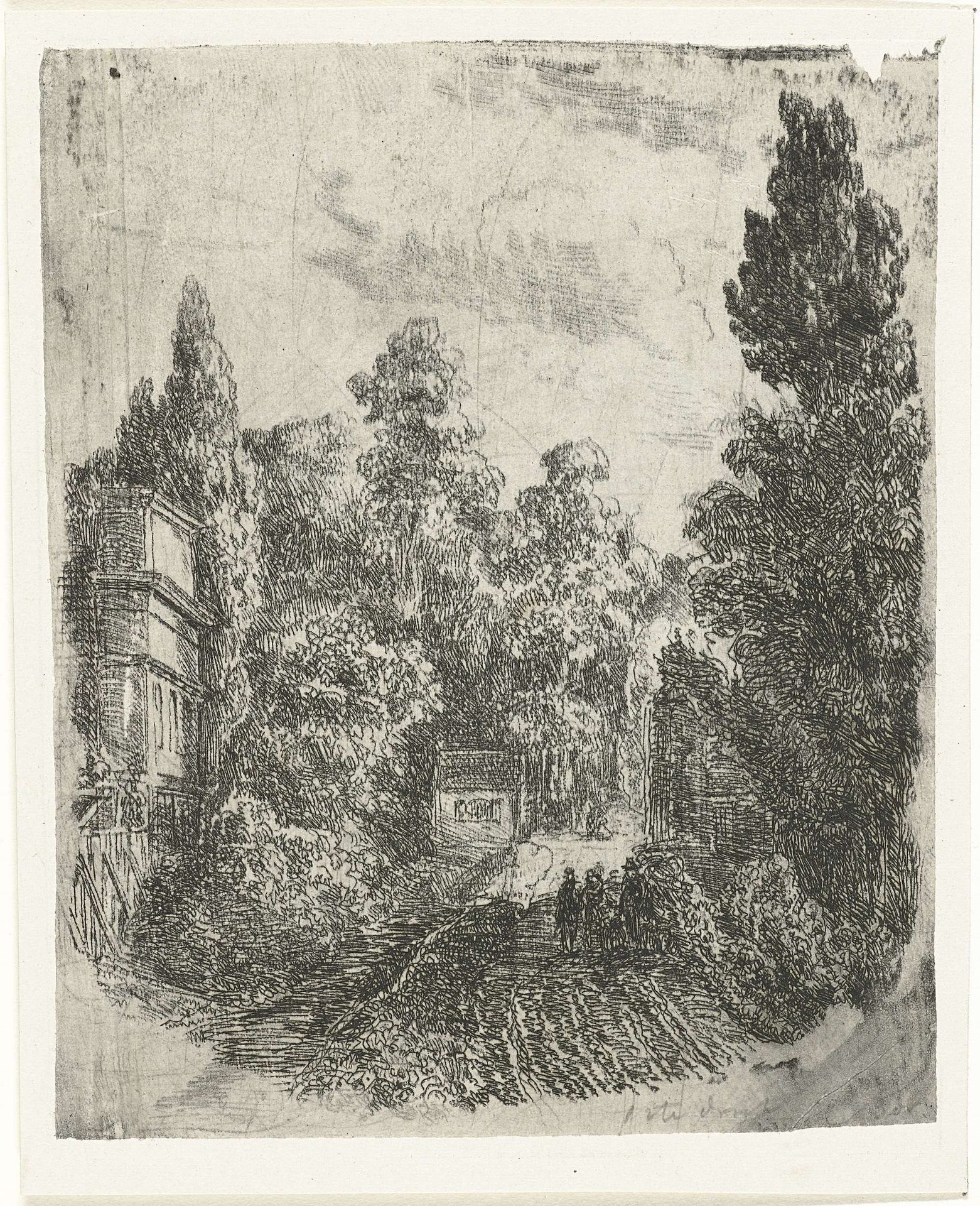 Landschap met drie wandelaars op een weg by Johannes Adrianus van der Drift