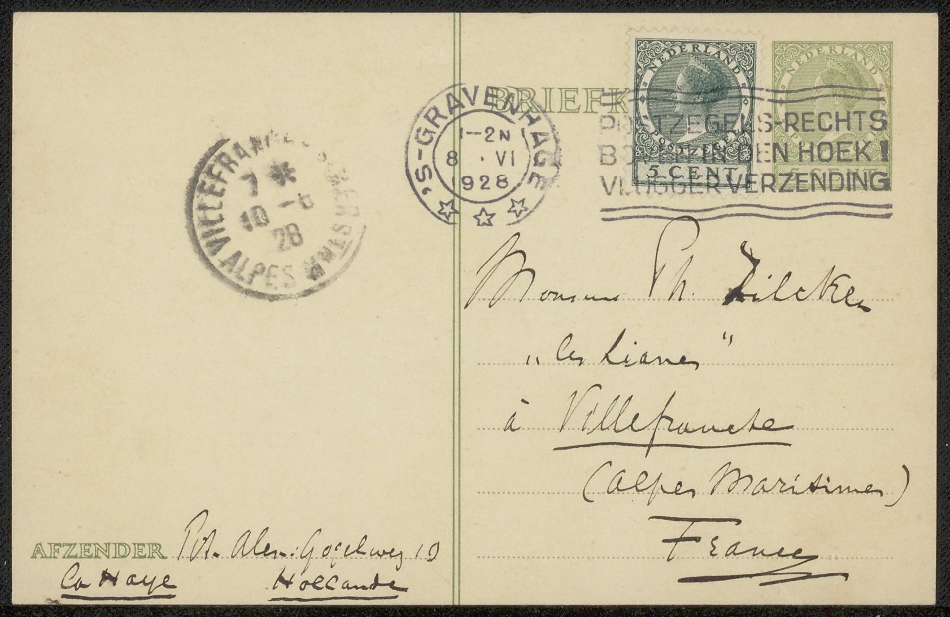 Briefkaart aan Philip Zilcken by Adriaan Pit