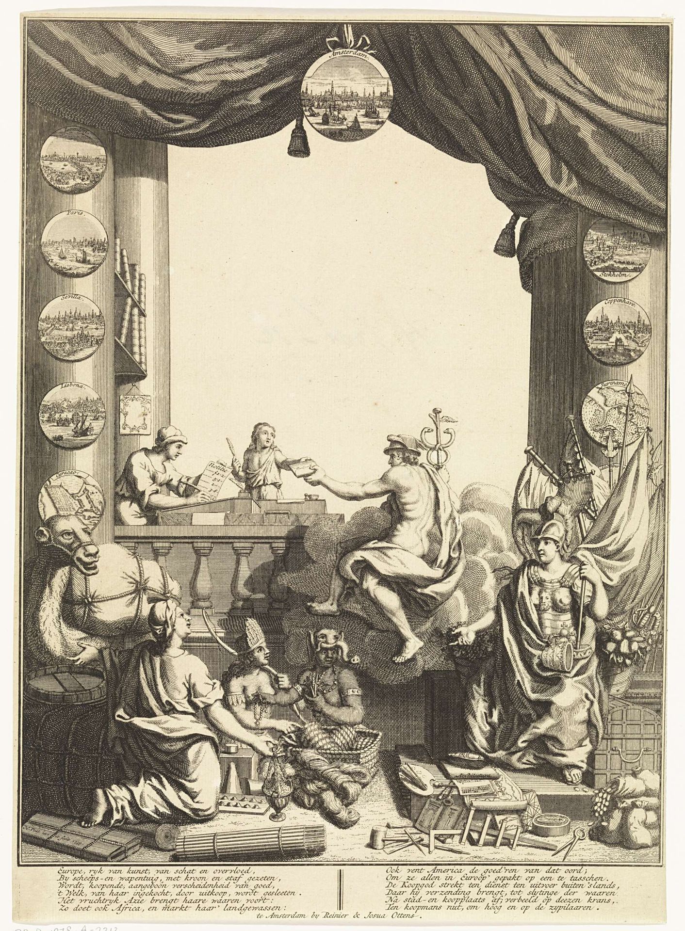 Allegorische voorstelling van Mercurius met personificaties van Afrika, Amerika, Azië en Europa by Hendrik Post