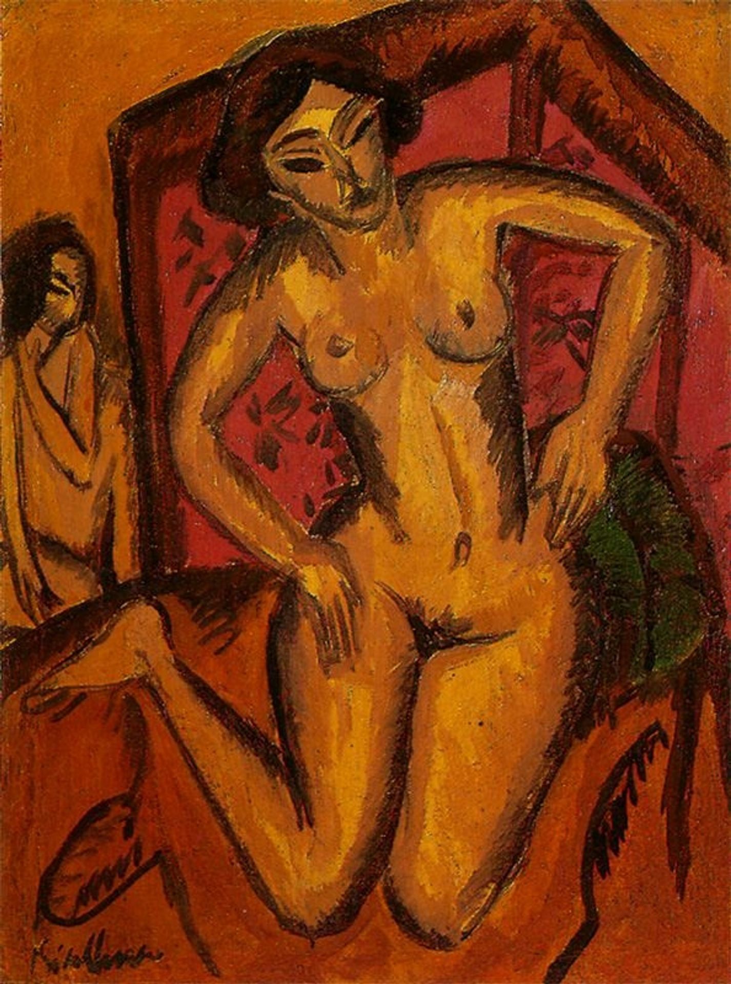 Female Nude Kneeling before a Red Screen by Ernst Ludwig Kirchner