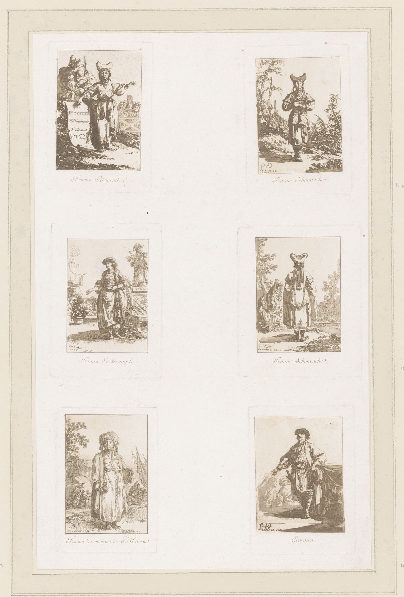 Blad met figuren in verschillende kostuums by Jean Baptist Leprince