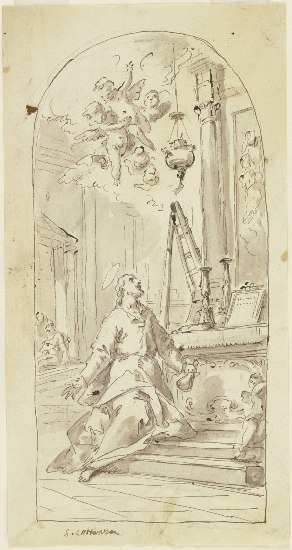 Der Heilige Costanzo di Ancona vor dem Altar kniend by Gaspare Diziani