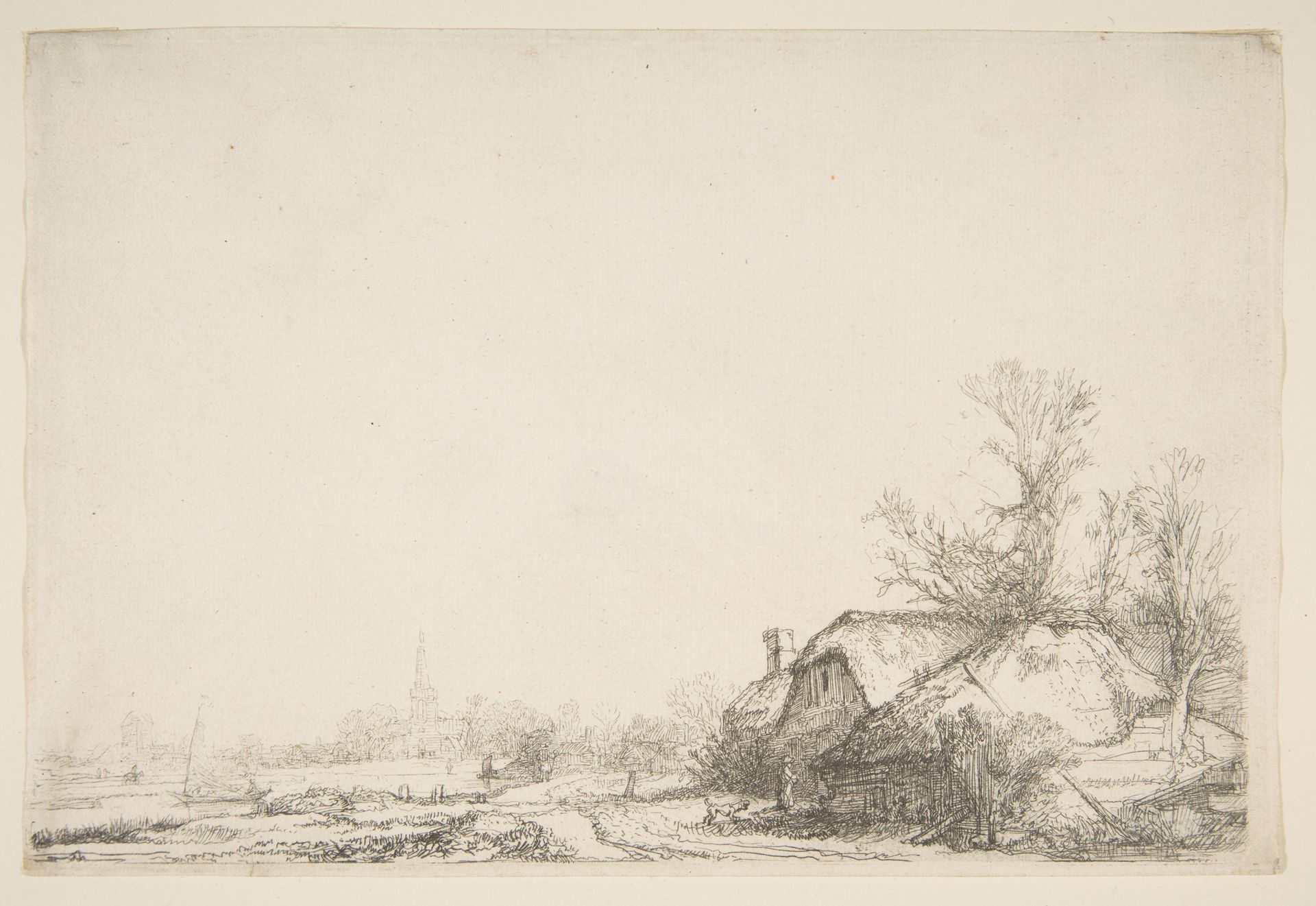 Cottage Beside a Canal with a View of Ouderkerk (counterproof) by Rembrandt van Rijn