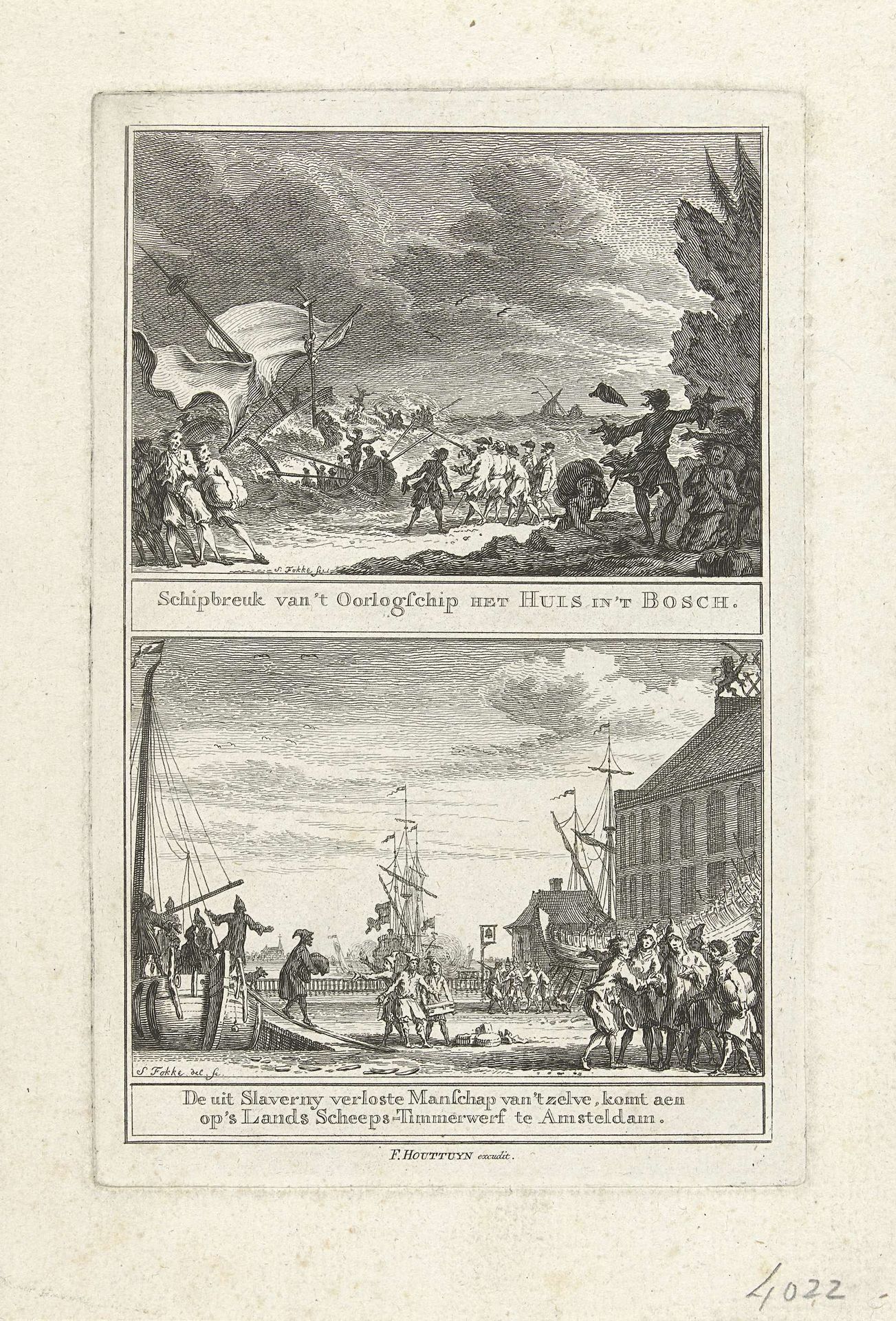 Schipbreuk van het oorlogsschip Huis in 't Bosch voor de kust van Marokko en de terugkeer van de bemanning uit slavernij, 1751-1753 by Simon Fokke