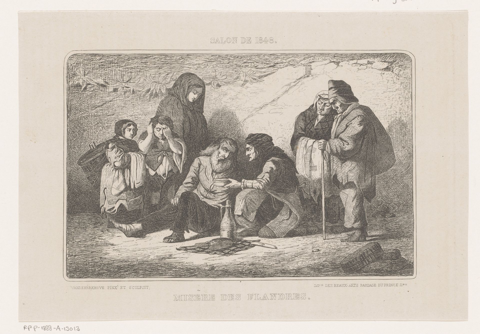 Groep van vier armen krijgt van drie andere figuren eten aangeboden by Van den Kerckhoven