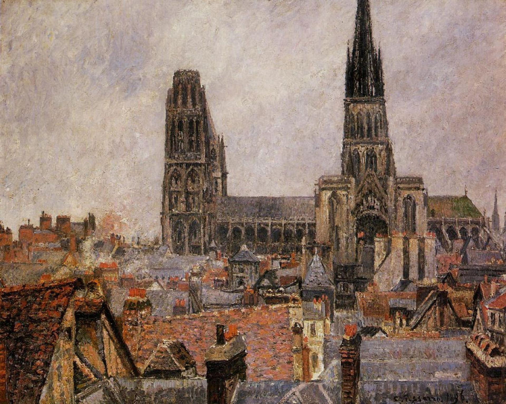 The Roofs of Old Rouen Grey Weather by Camille Pissarro