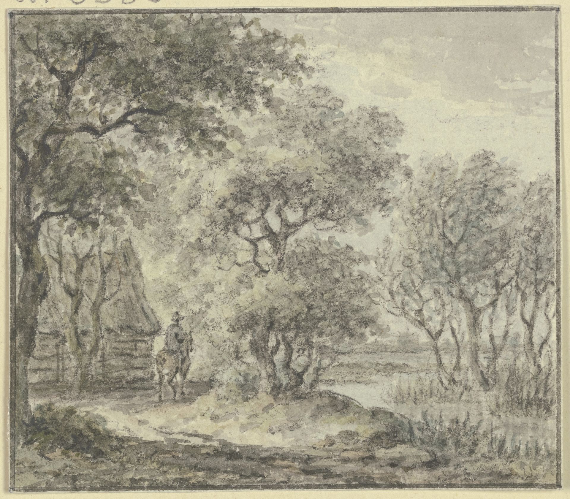 Waldpartie mit Wasser und einem Haus, dabei ein Reiter by Jan Evert Grave