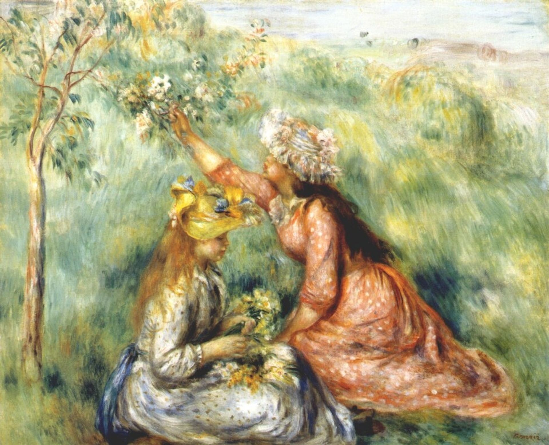 Girls picking flowers in a meadow by Pierre-Auguste Renoir