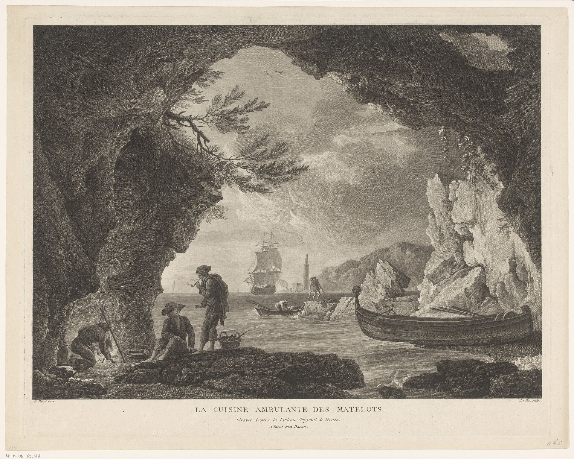 Kokende zeemannen in een grot aan de kust by Jean Jacques Le Veau