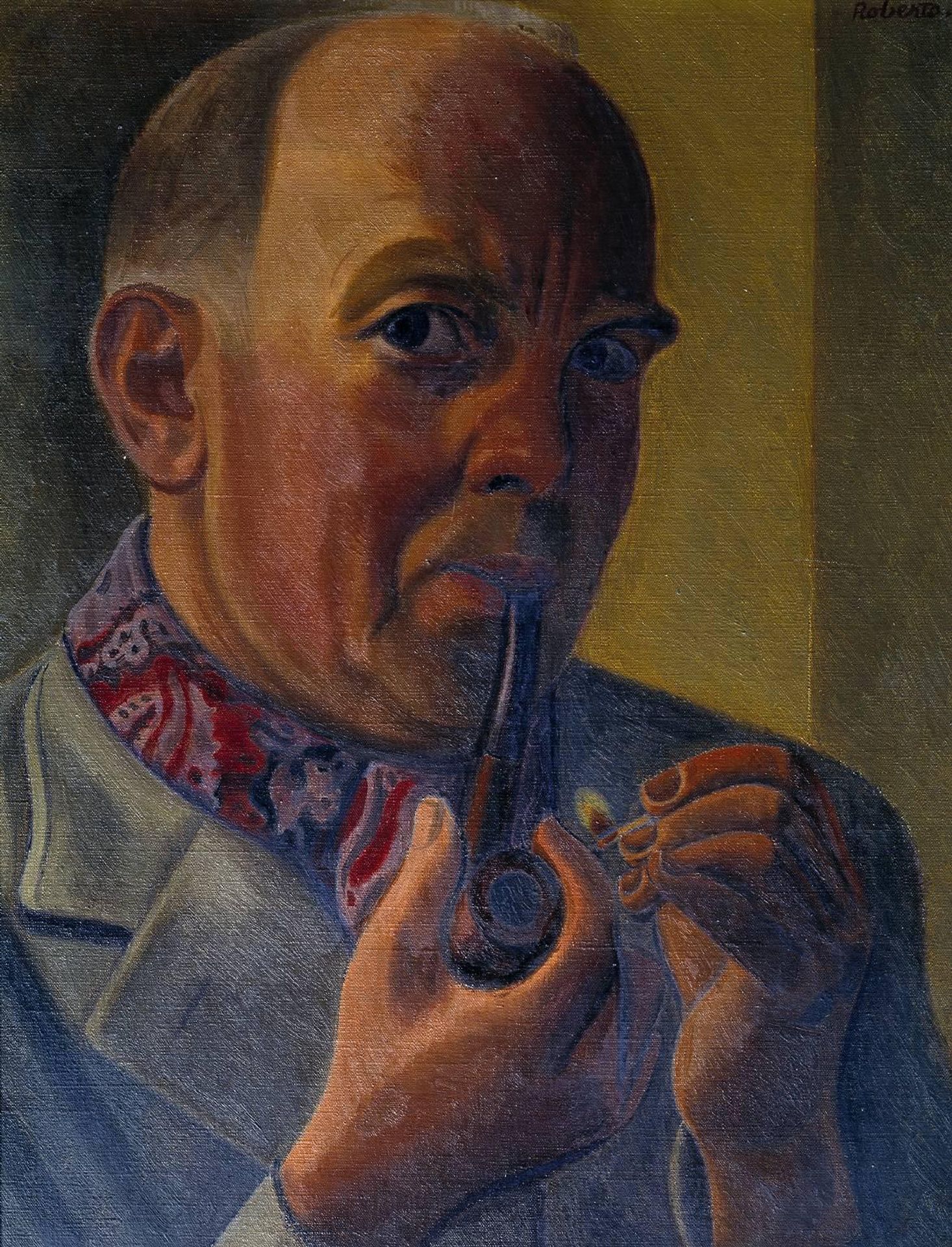 Portrait of a Man Lighting a Pipe by  William Roberts