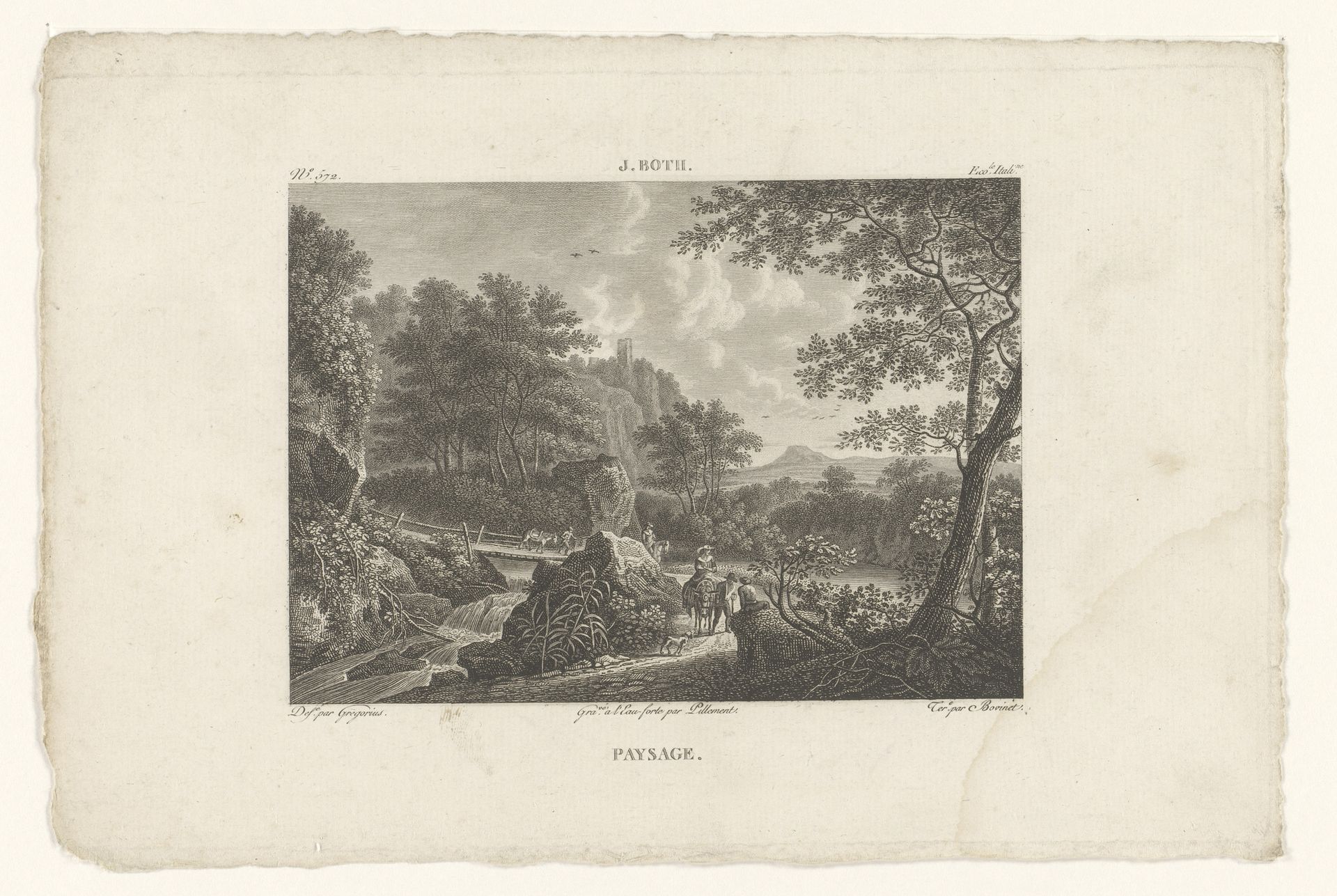 Landschap met klif en houten brug over een rivier by Victor Pillement