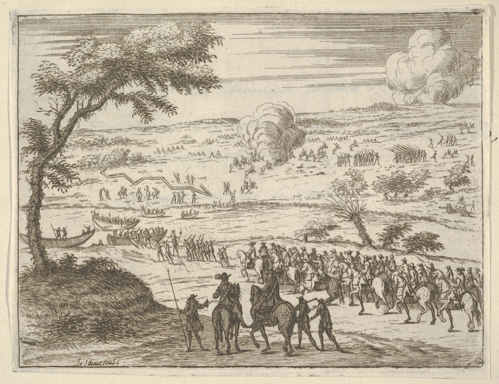 Francesco I d'Este Freely Crosses the Po and Takes Up his Sword Against Troops in the Vinyard of the Opposite Bank where the Spanish had Settled to Impede his Crossing, from L'Idea di un Principe ed Eroe Cristiano in Francesco I d'Este, di Modena e Reggio Duca VIII [...] by Bartolomeo Fenice (Fénis)