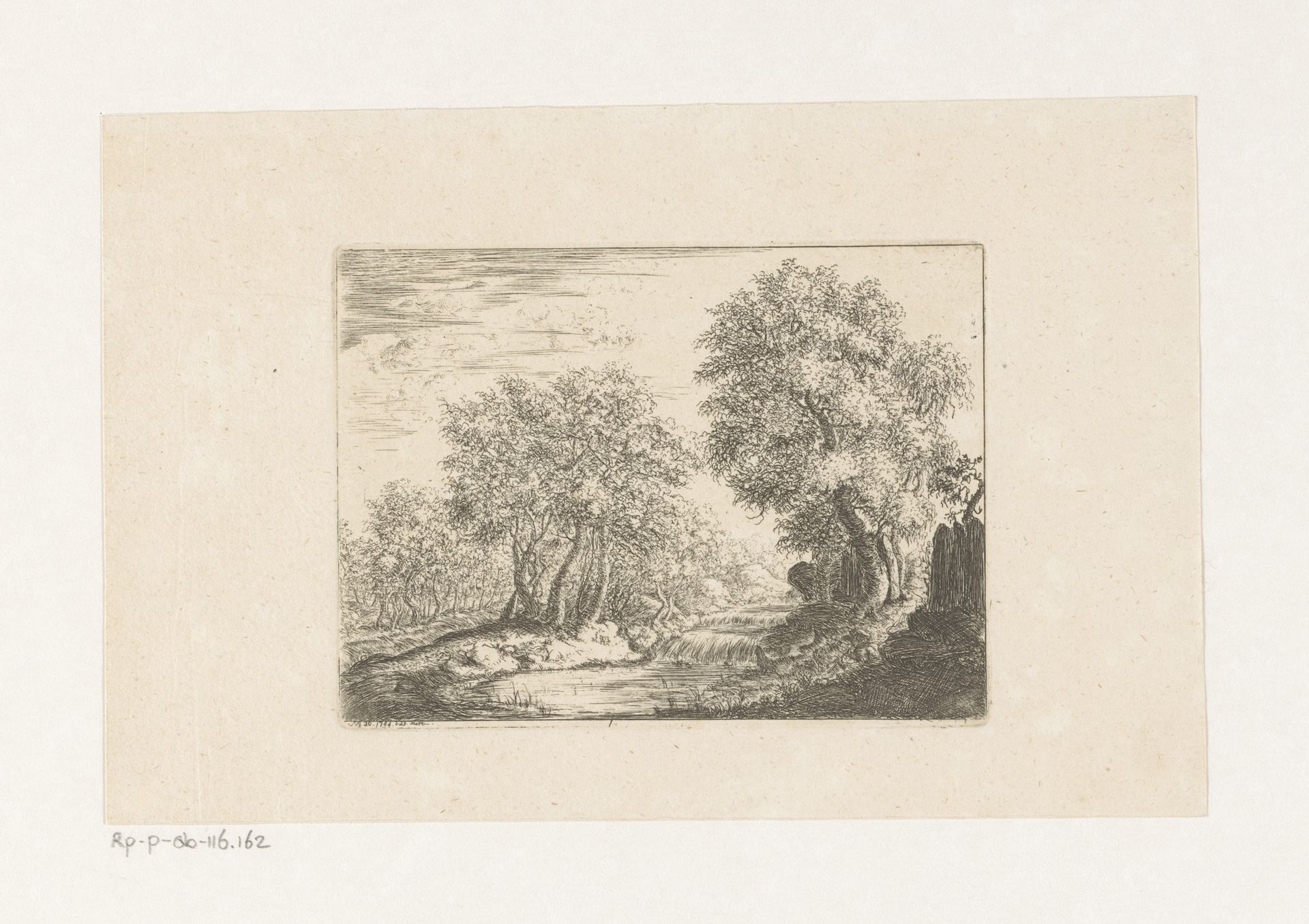 Landschap met cascades tussen bomen by Christian Ludwig von Hagedorn