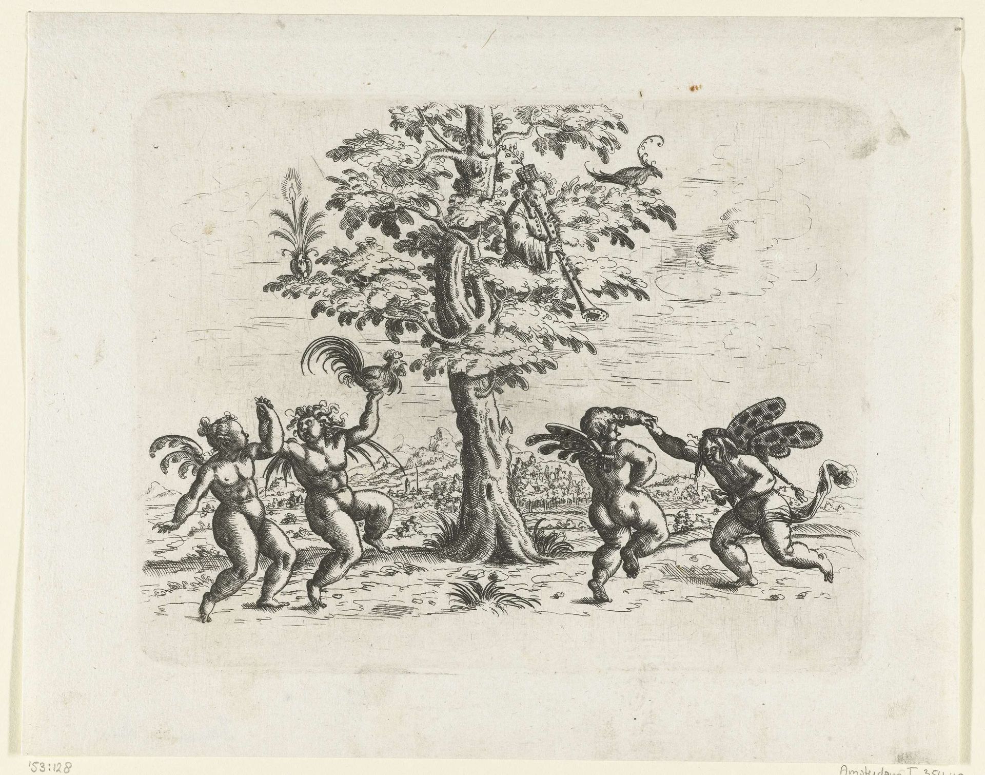Vier putti die twee aan twee dansen bij een boom by Christoph Jamnitzer