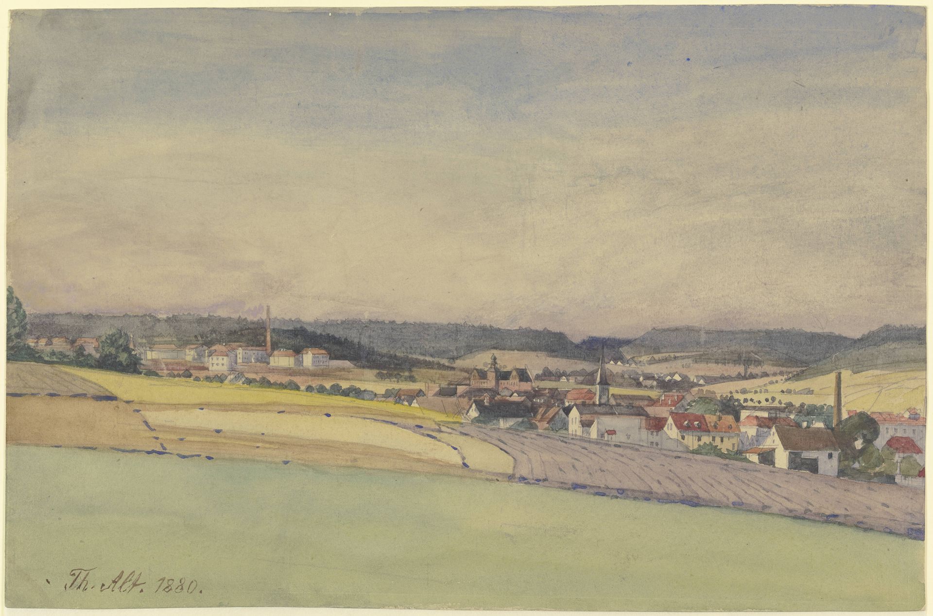 Ansicht eines Industriestädtchens inmitten von Feldern und Wald by Theodor Alt