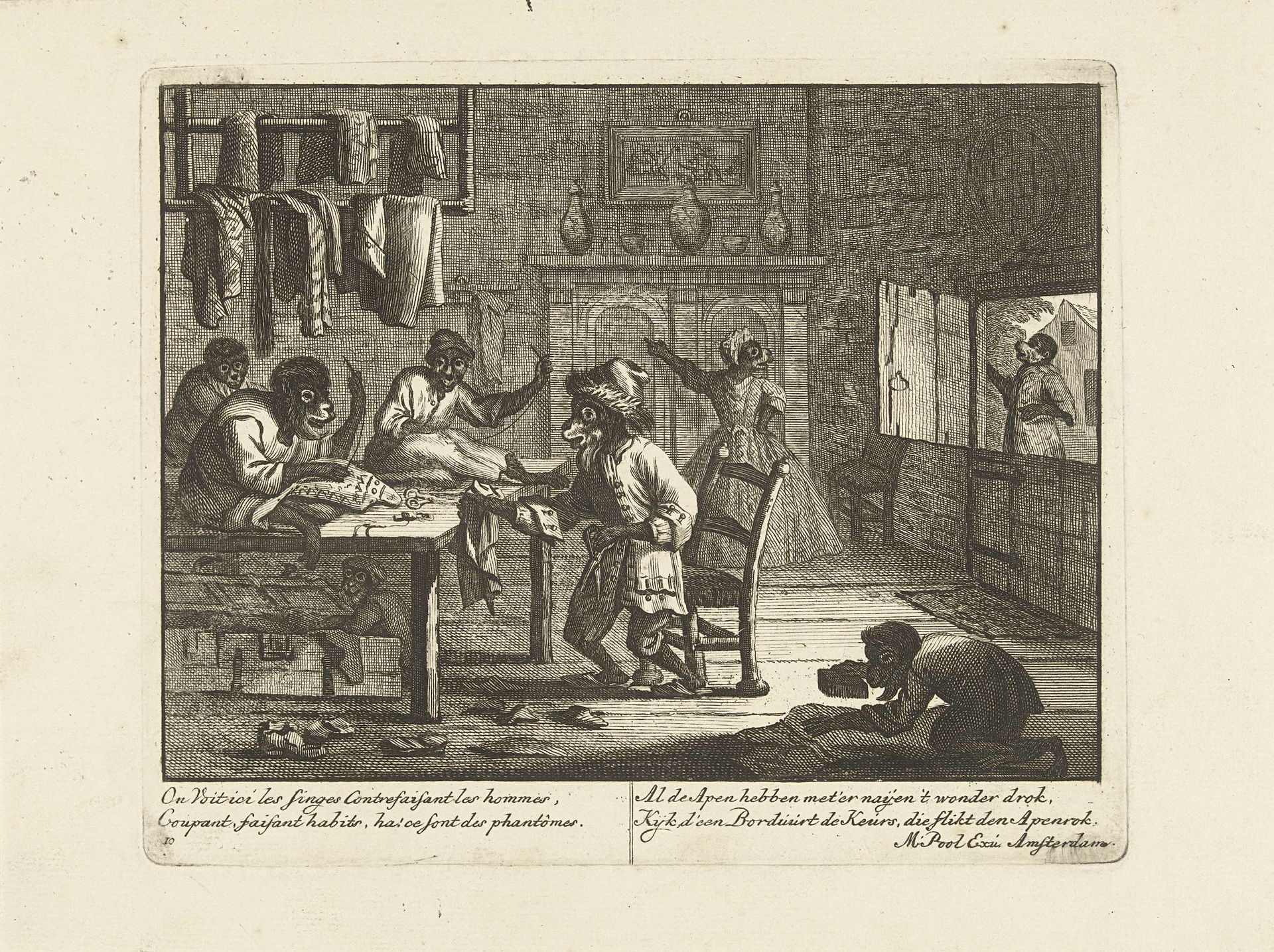 Apen als kleermakers, ca. 1720 by Matthijs Pool