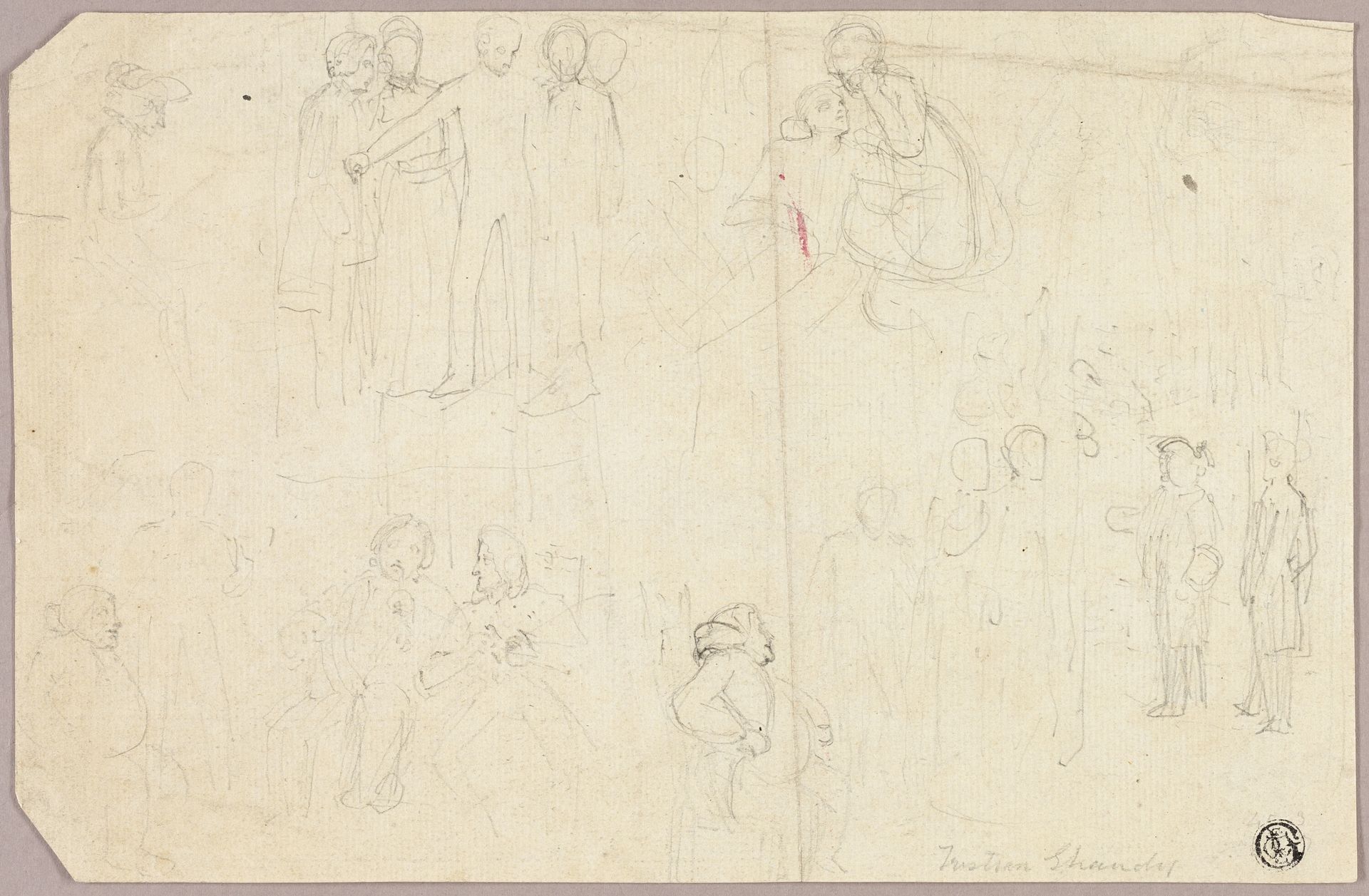 Sketches for Tristram Shandy (recto); Sketches of Medallion with Seated Allegorical Figure (verso) by Thomas Stothard
