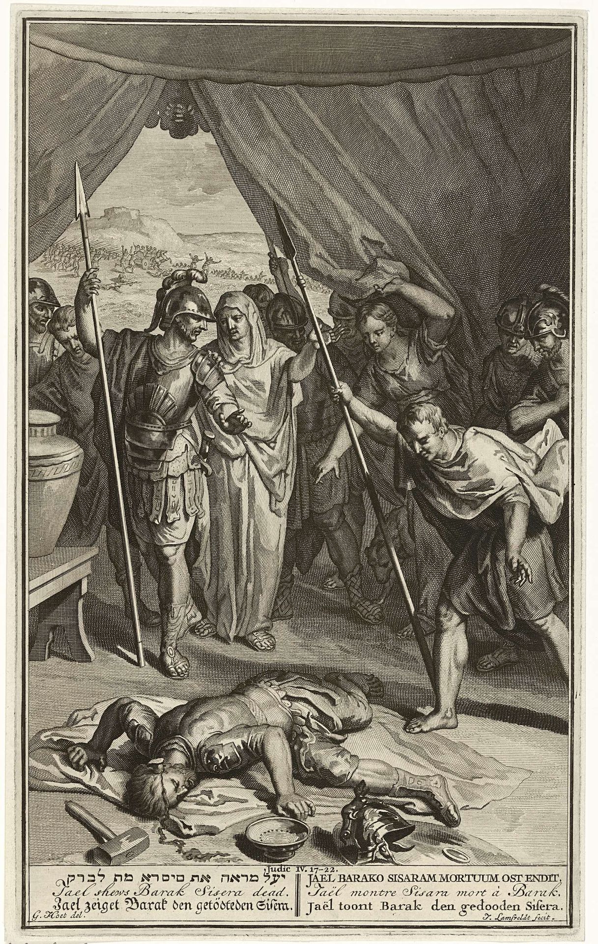 Jaël toont Barak het dode lichaam van Sisera by Jan Lamsvelt
