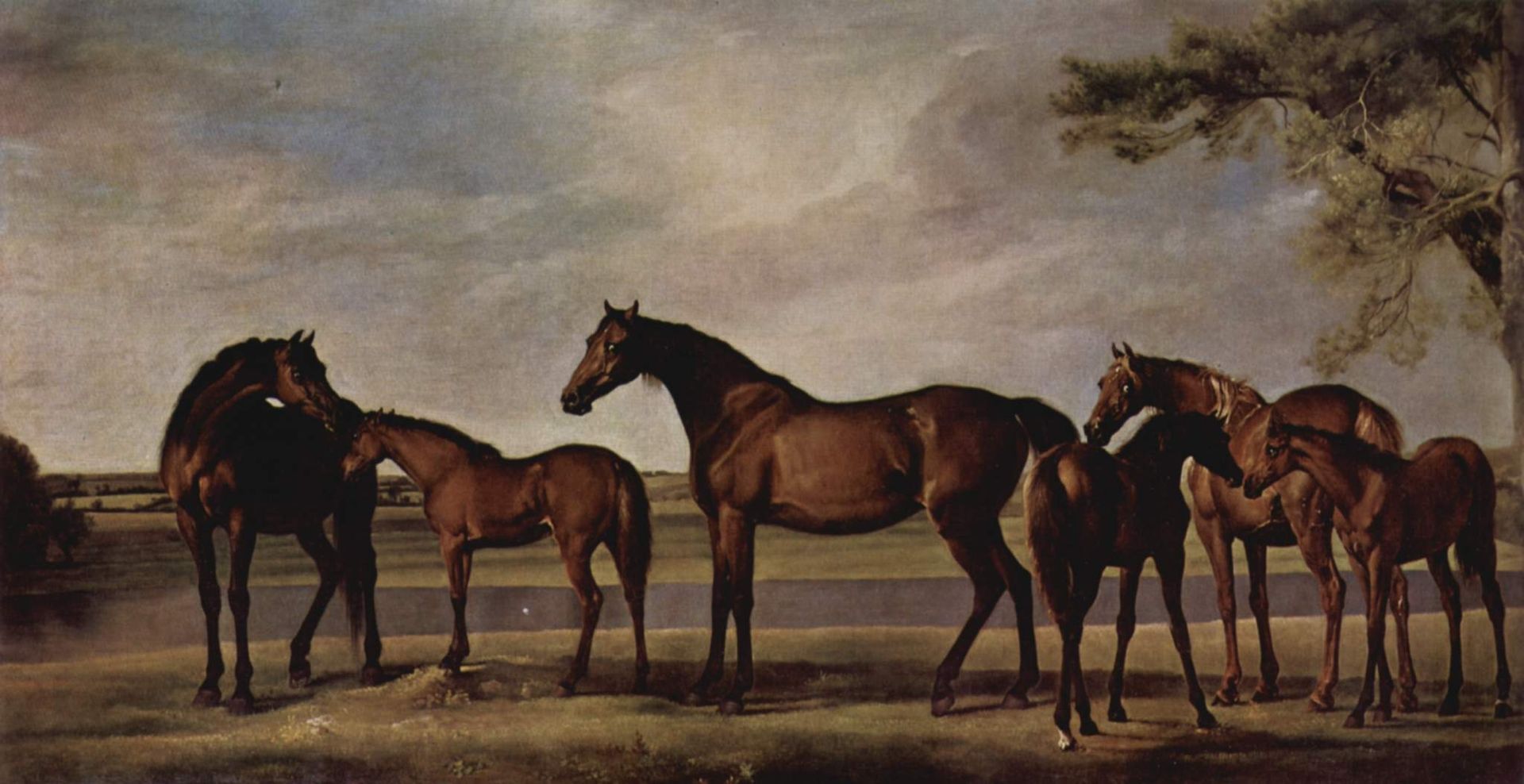 Mares and foals are anxious before a looming storm by George Stubbs