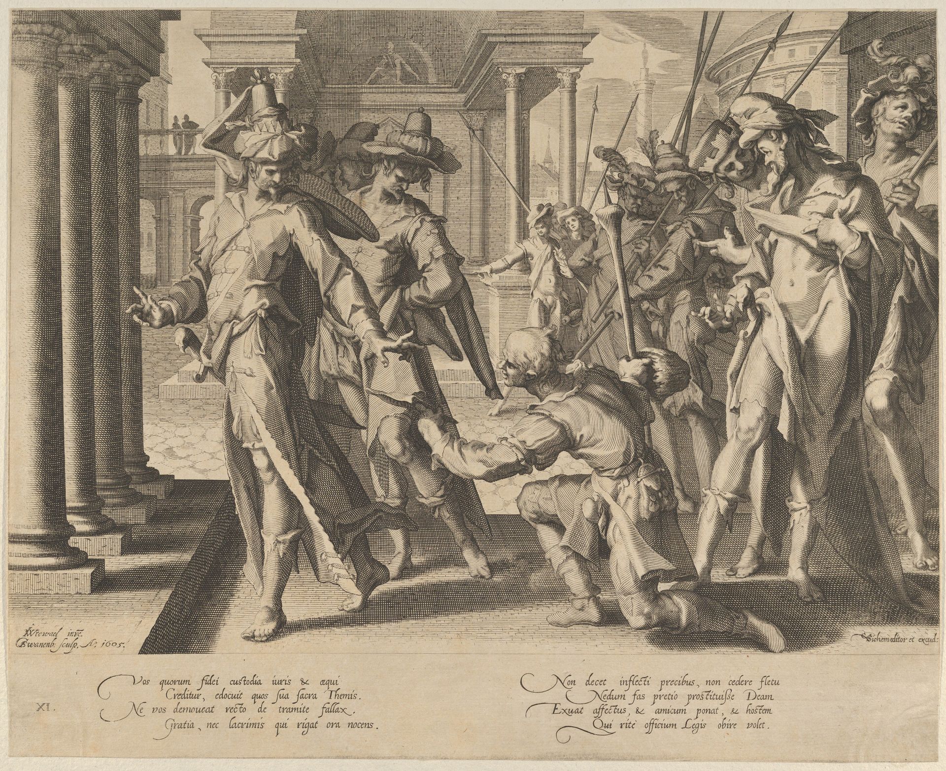 Allegory of Justice depicting a street scene with a shepherd giving a sheet of paper to a judge at left, who rejects it, from Thronus Justitiae, tredecim pulcherrimus tabulis..., plate 11 by Willem van Swanenburg