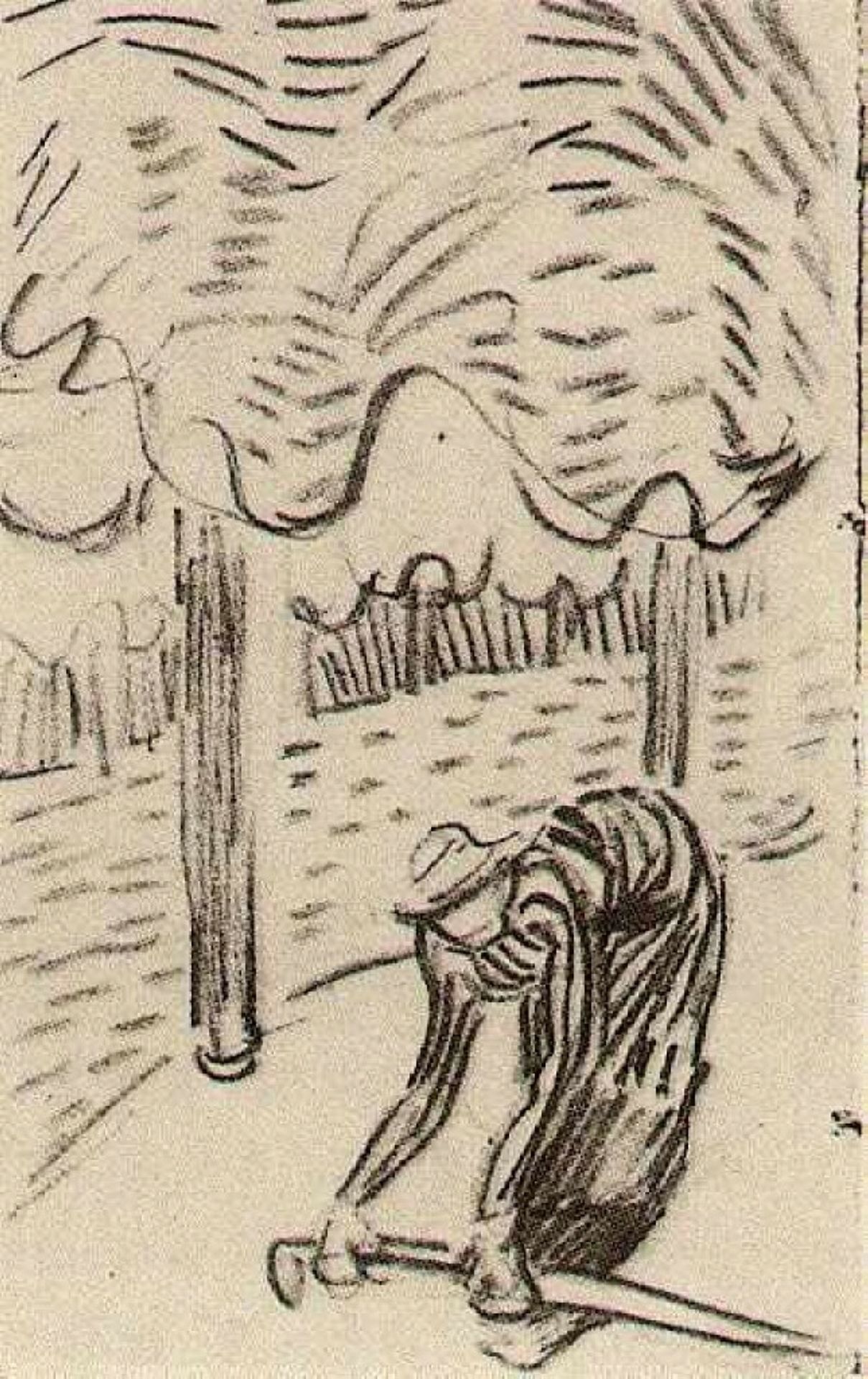 A Woman Picking Up a Stick in Front of Trees by Vincent van Gogh