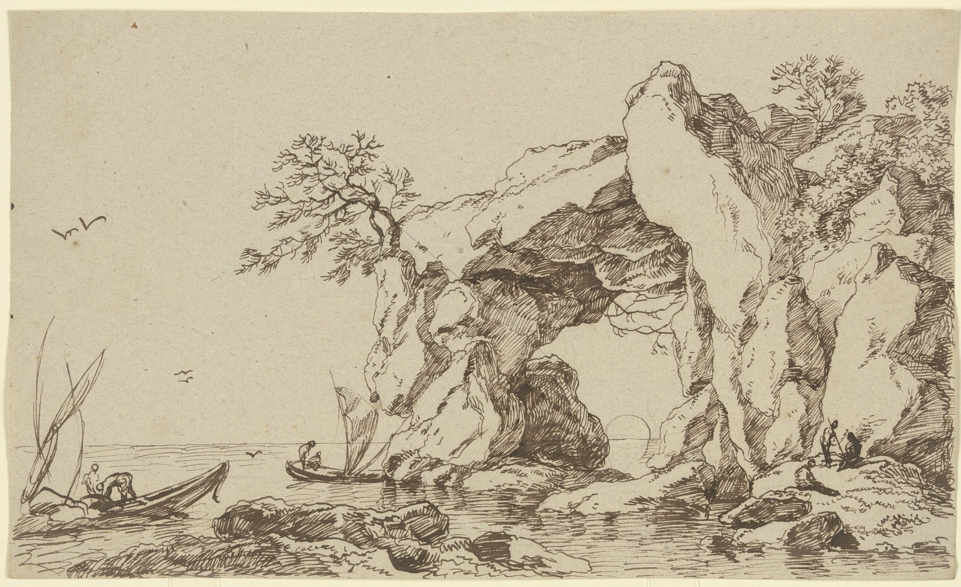 Felsentor an der Meeresküste mit Fischerbooten by Franz Kobell