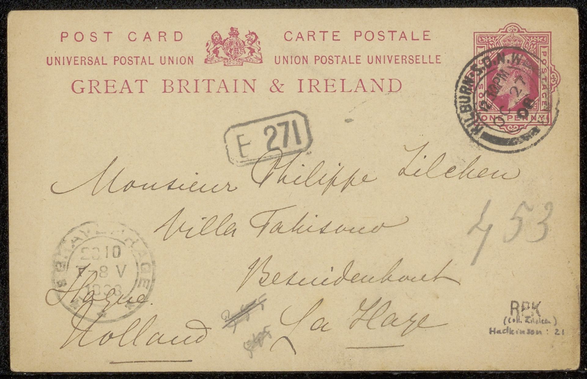 Briefkaart aan Philip Zilcken by Ernestine Hadkinson
