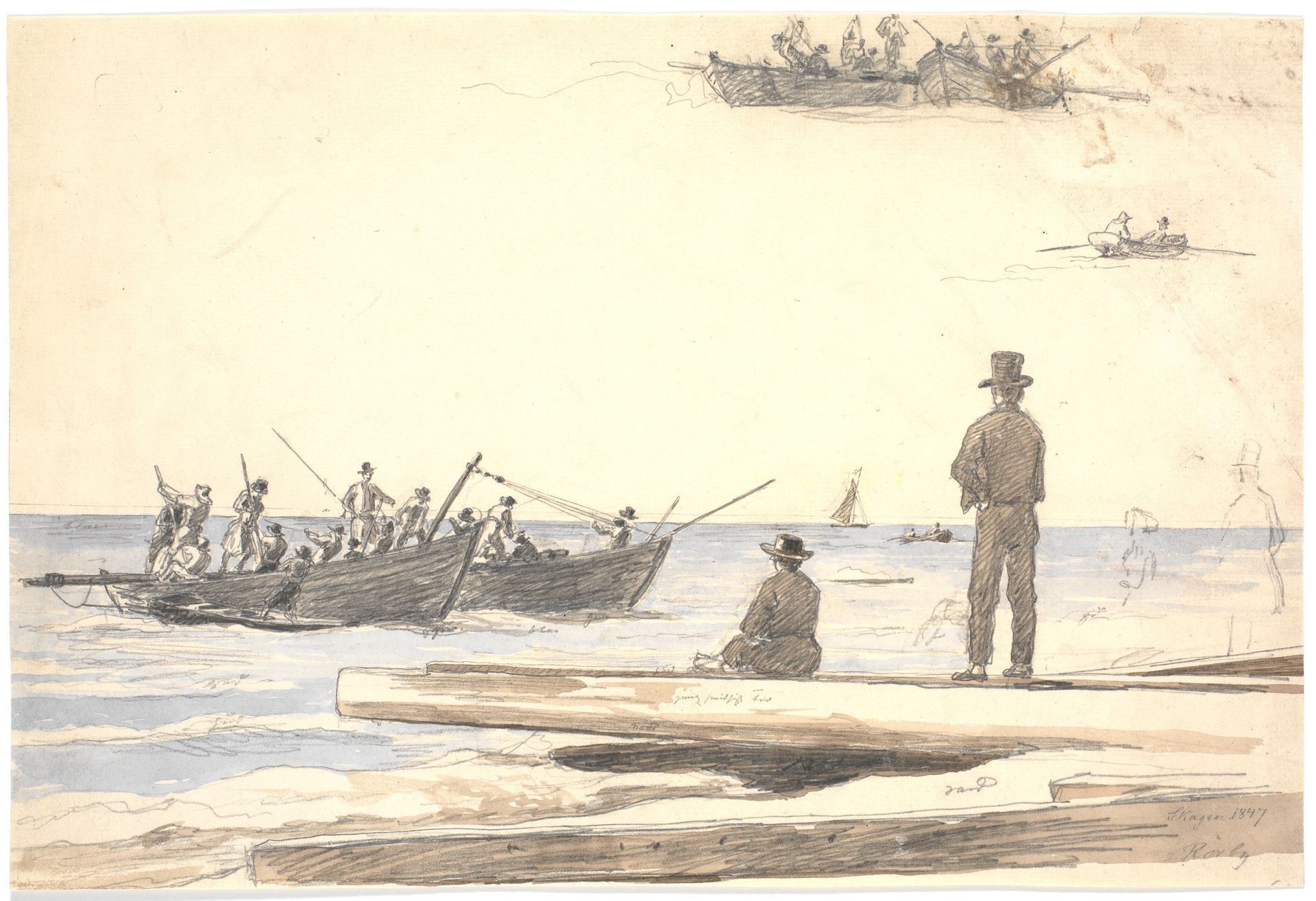 To fiskerbåde sejler ind mod Skagens strand by Martinus Rørbye
