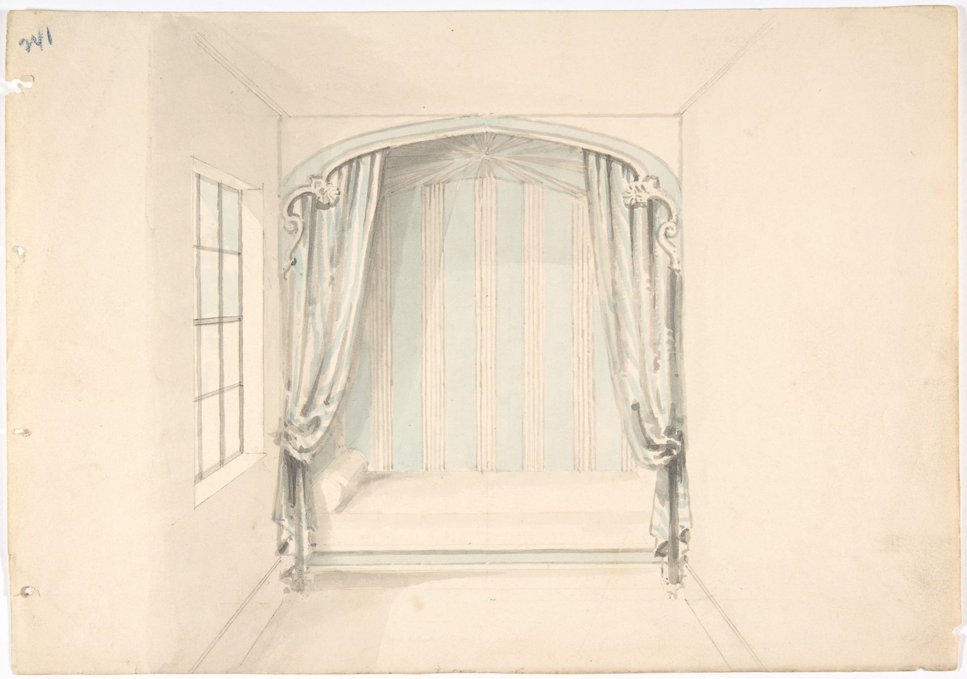 Design for a Canopied Bed with Pale Blue and White Hangings by Anonymous