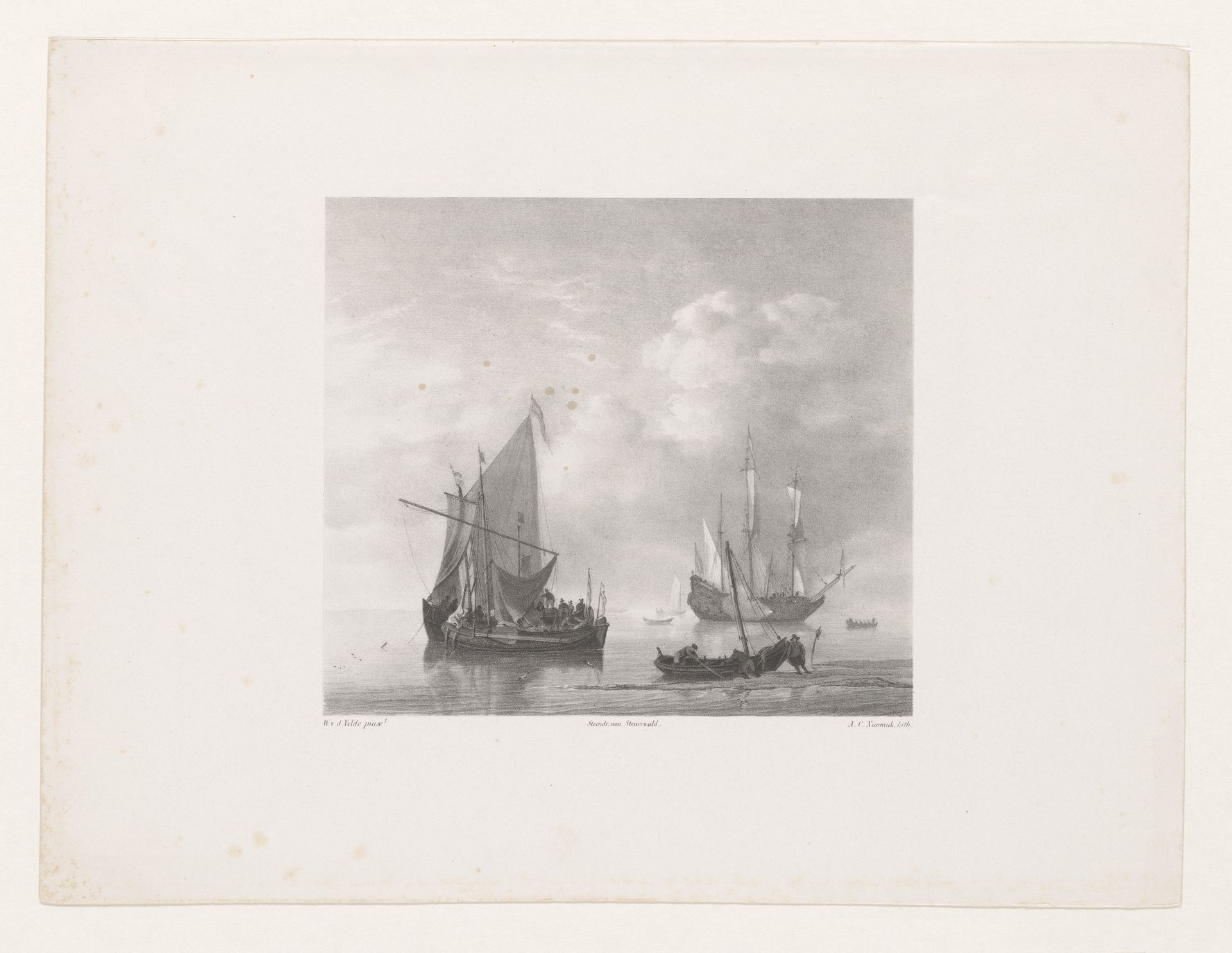 Schepen en roeiboten op zee by Adolf Carel Nunnink
