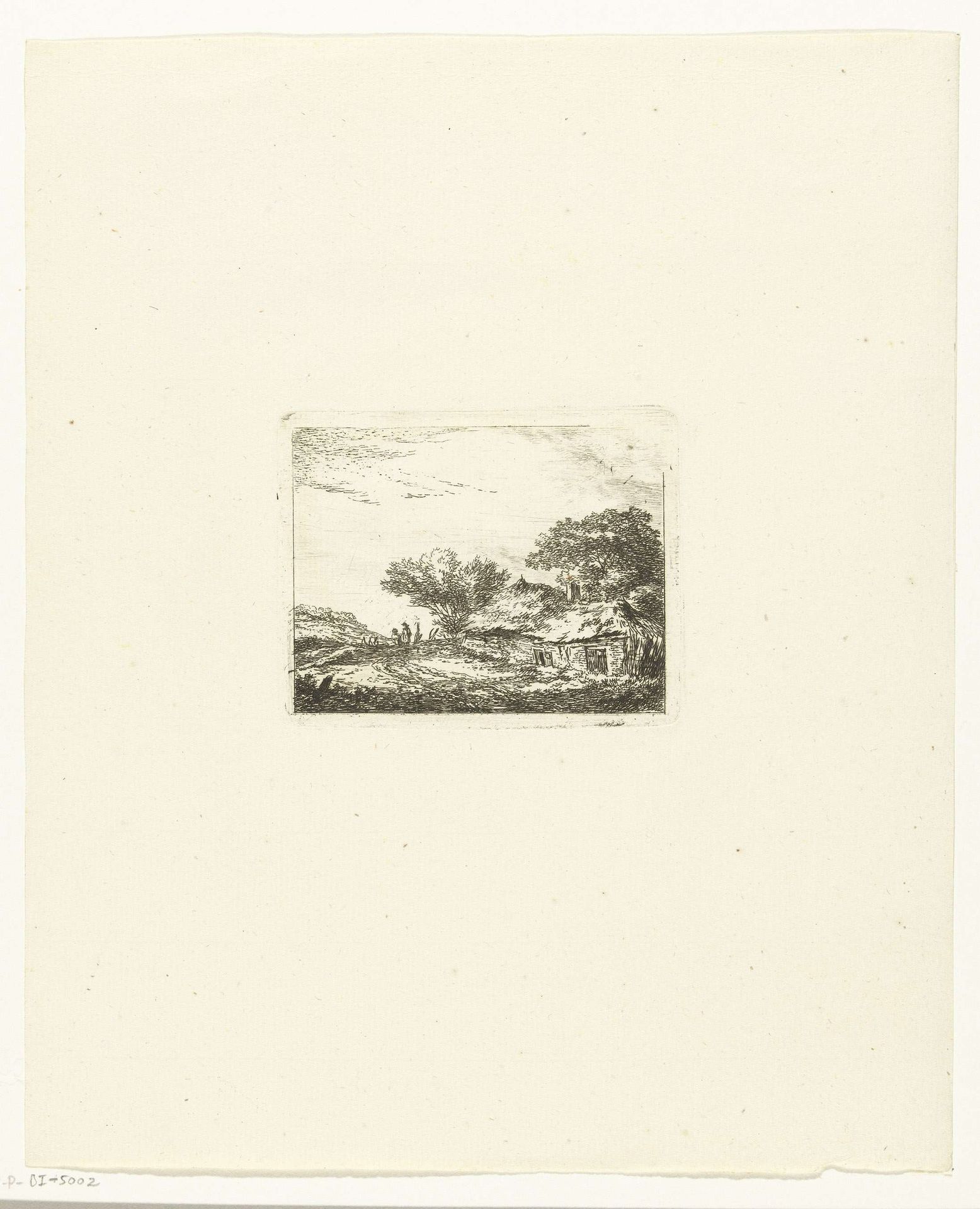 Landschap met twee wandelaars bij een hutje by Hermanus van Brussel