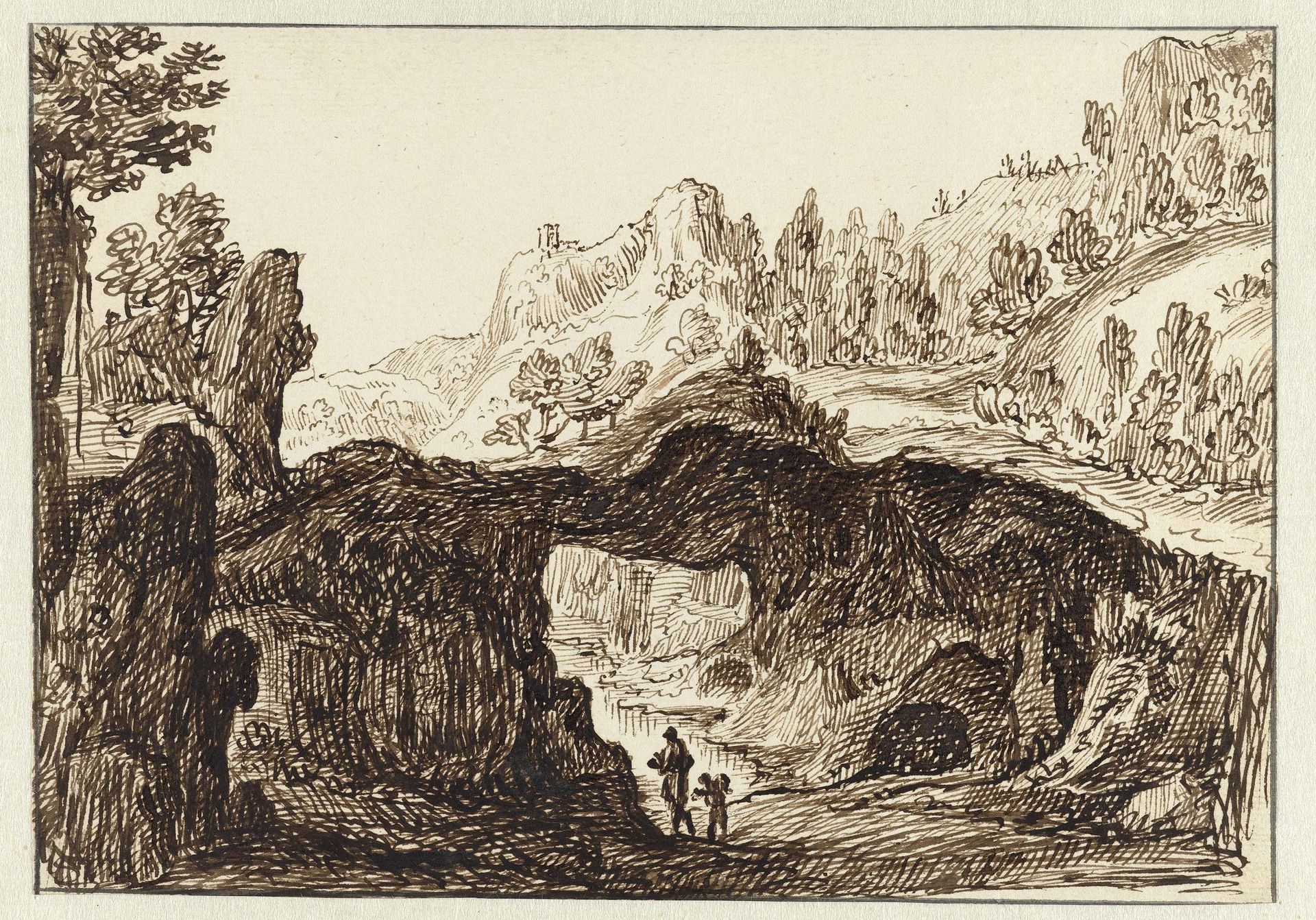 Rotsachtig berglandschap met op de voorgrond twee reizigers by Jan van Almeloveen