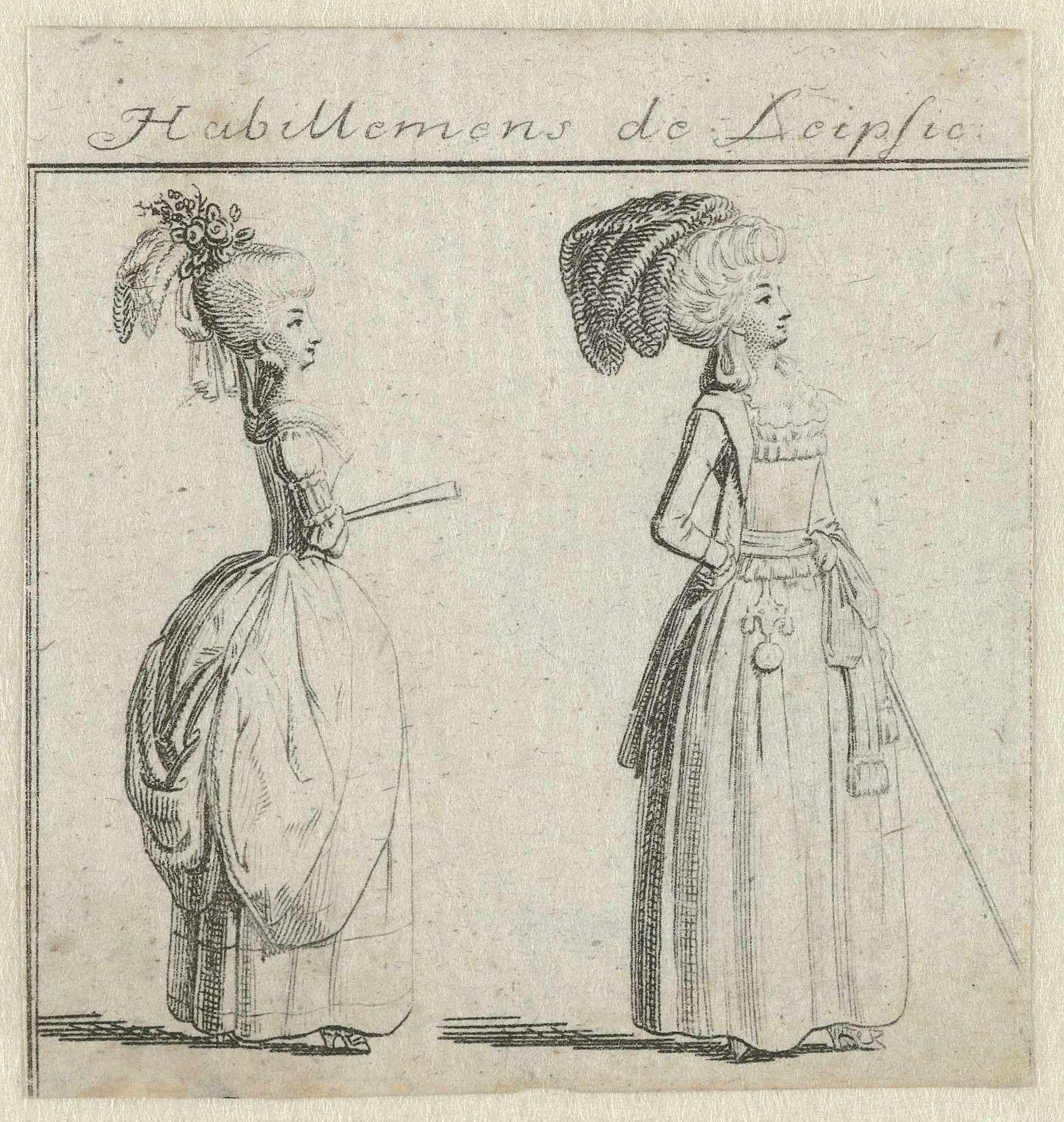 Habillemens de Leipsic ca. 1785-1786: twee vrouwen met waaier en wandelstok by Ernst Ludwig Riepenhausen