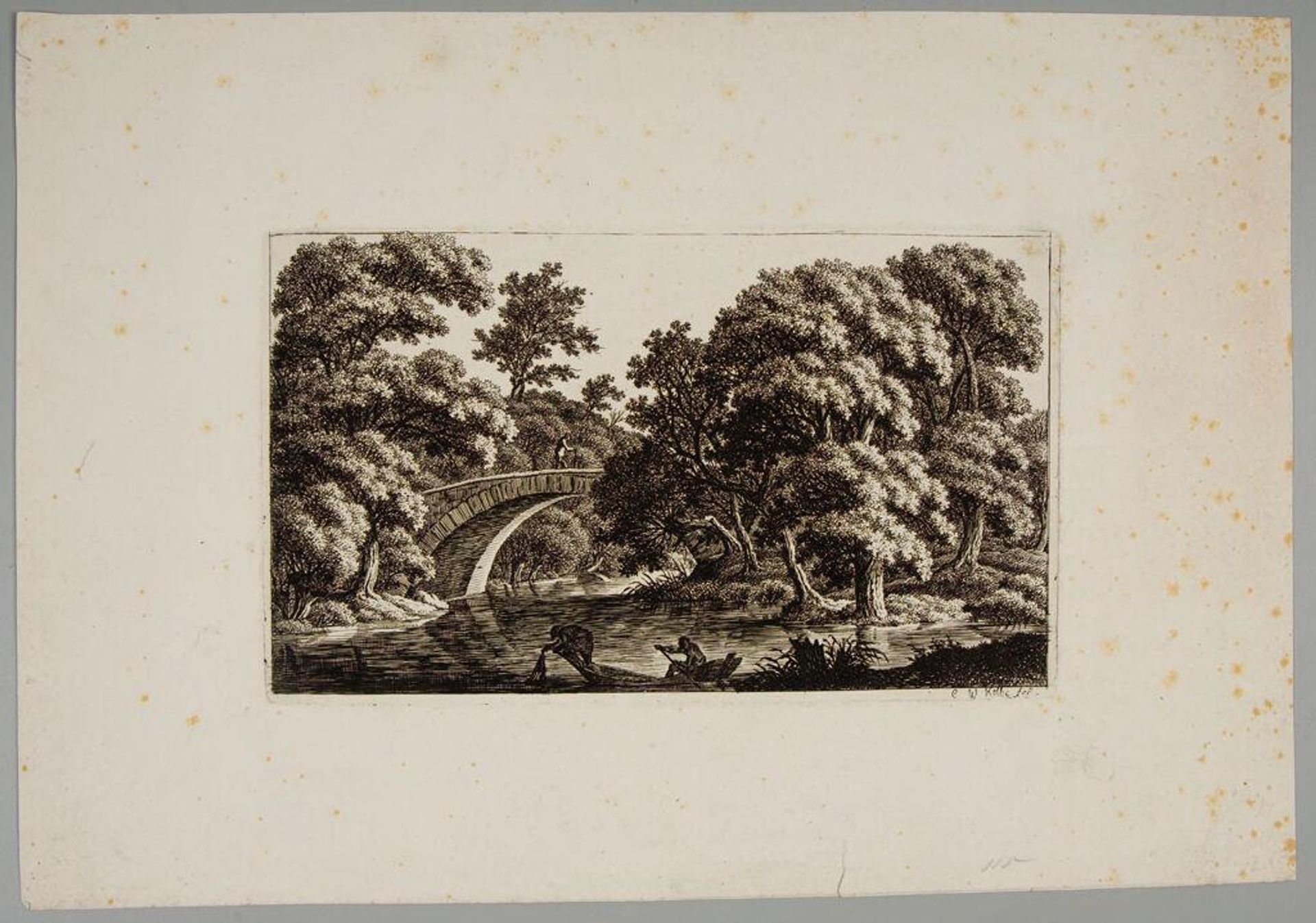 River Landscape with an Arched Bridge and Two Men in a Boat by Carl Wilhelm Kolbe