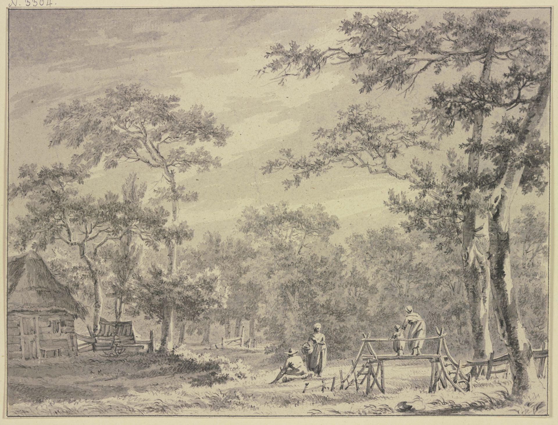Waldlandschaft, links ein Haus, rechts ein Steg über welchem eine Frau ein Kind führt by Paulus van Liender
