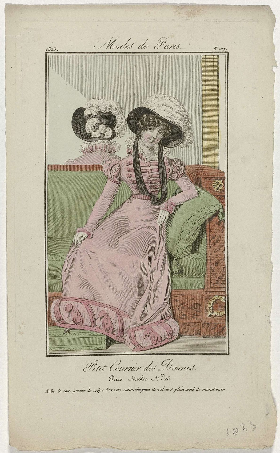 Petit Courrier des Dames, 1823, No. 107 : Robe de soie garnie de crêp (...) by Anonymous