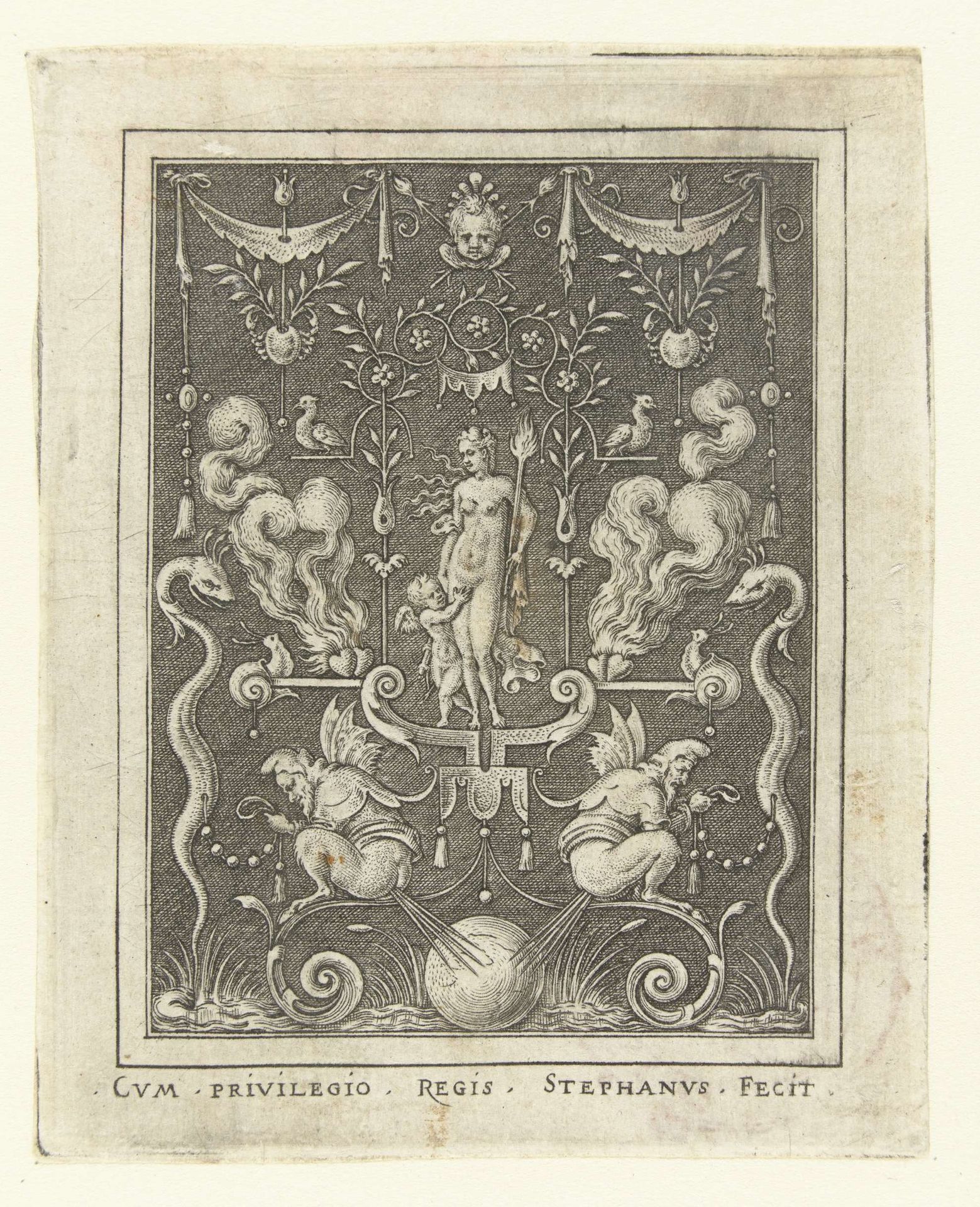 Venus met Amor tussen vier brandende harten by Etienne Delaune
