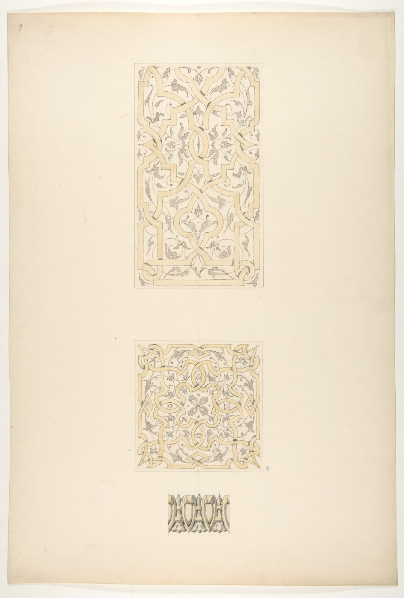 Three designs for decorative motifs in strapwork, rinceaux, and egg-and-dart patterns by Jules-Edmond-Charles Lachaise