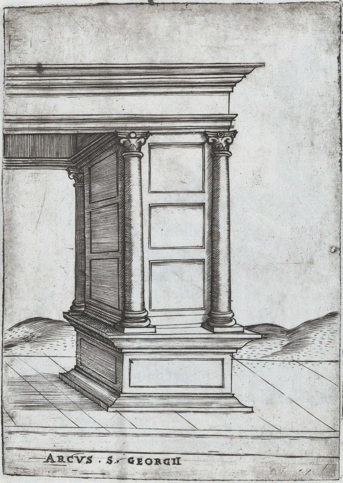 Arcus in Provincia, from a Series of Prints depicting (reconstructed) Buildings from Roman Antiquity by Monogrammist G.A. & the Caltrop