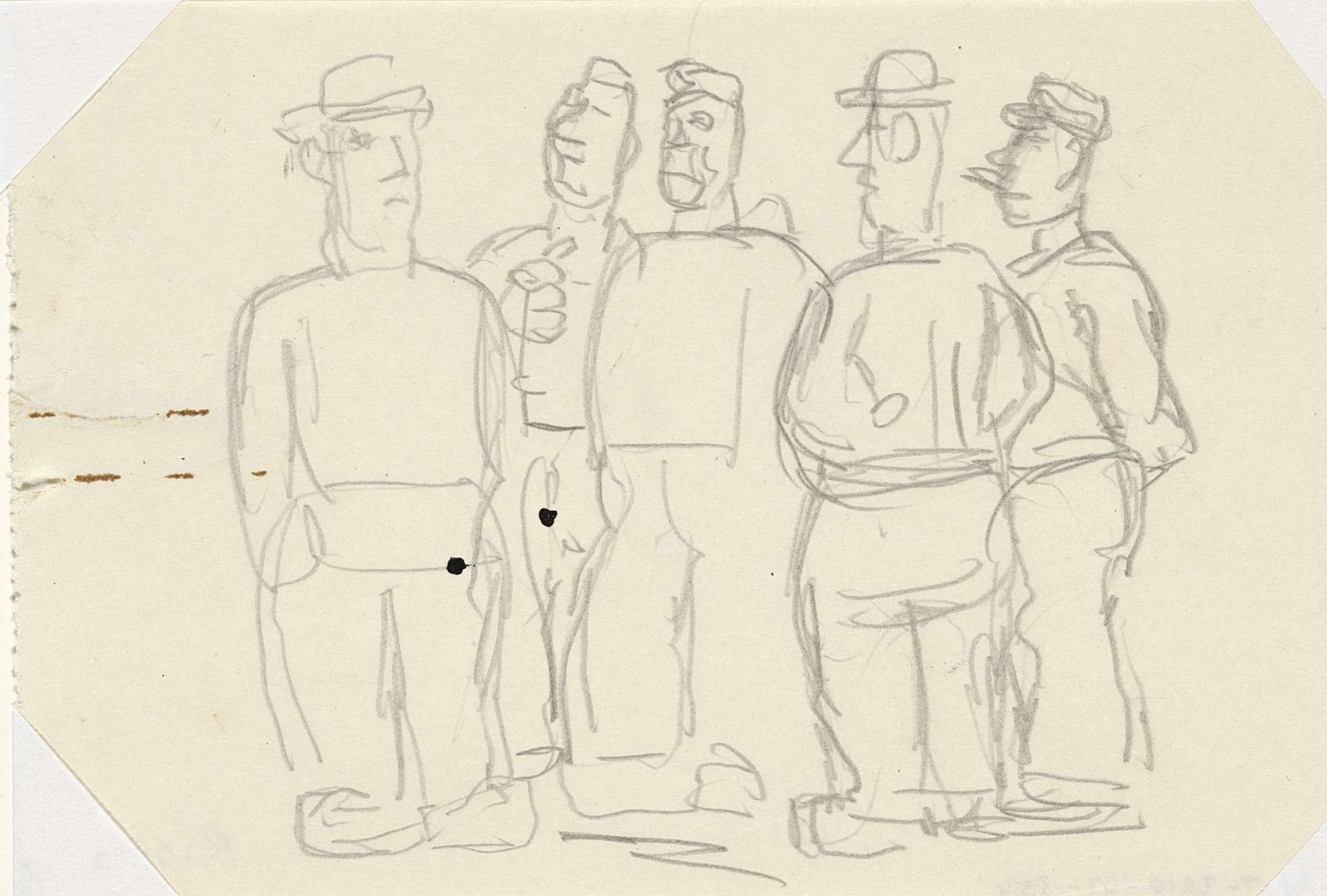 Potloodschets van vijf Spakenburger vissers by Leo Gestel