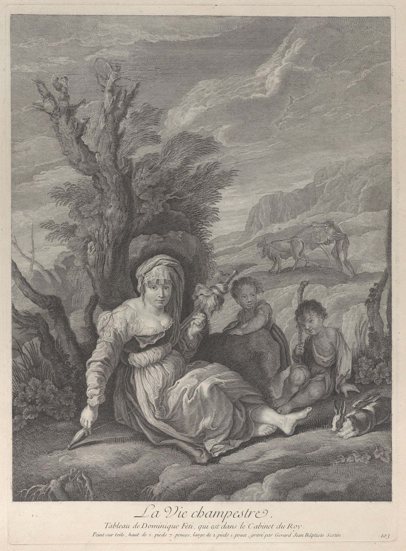 A country woman sitting in landscape with two boys at her side by Gérard Jean Baptiste Scotin I