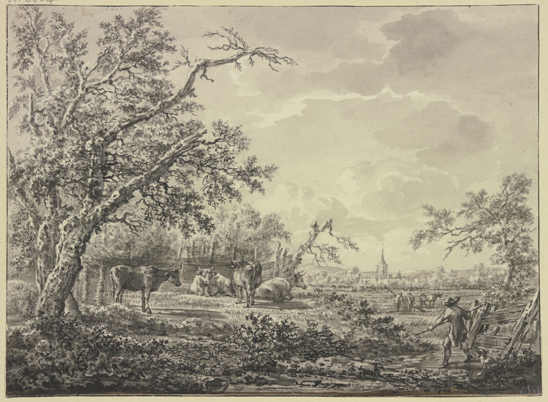 Am Waldesrand bei einem Zaun Vieh und ein Hirte by Hendrik Schepper