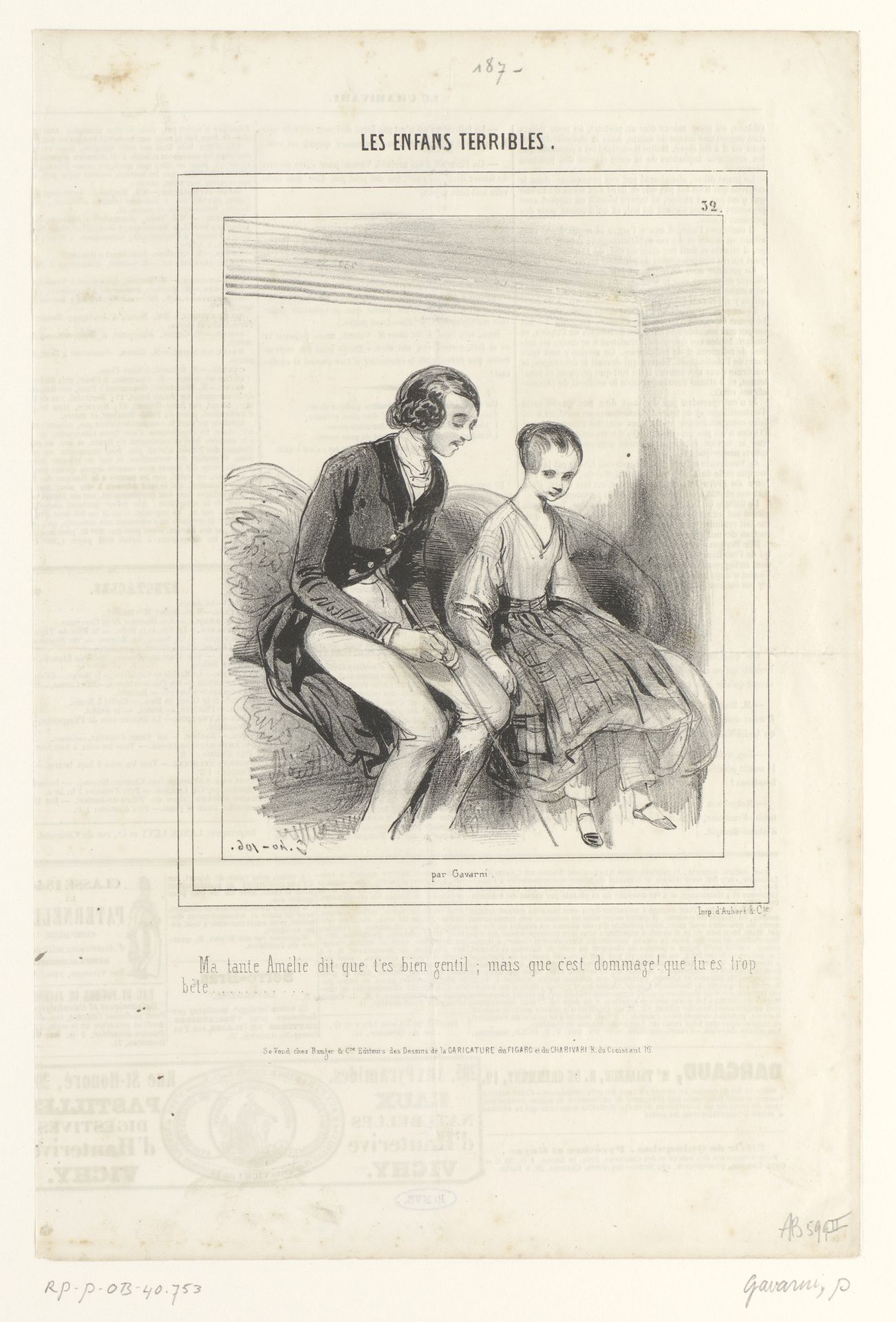 Klein meisje met vriend van haar tante op de bank by Paul Gavarni