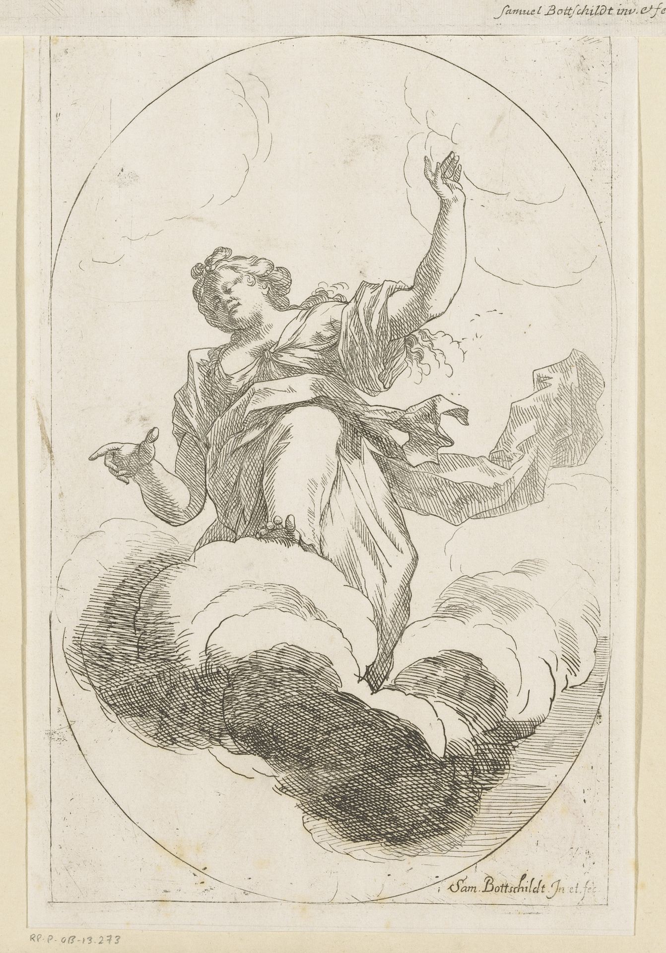 Vrouwenfiguur op een wolk by Samuel Bottschild