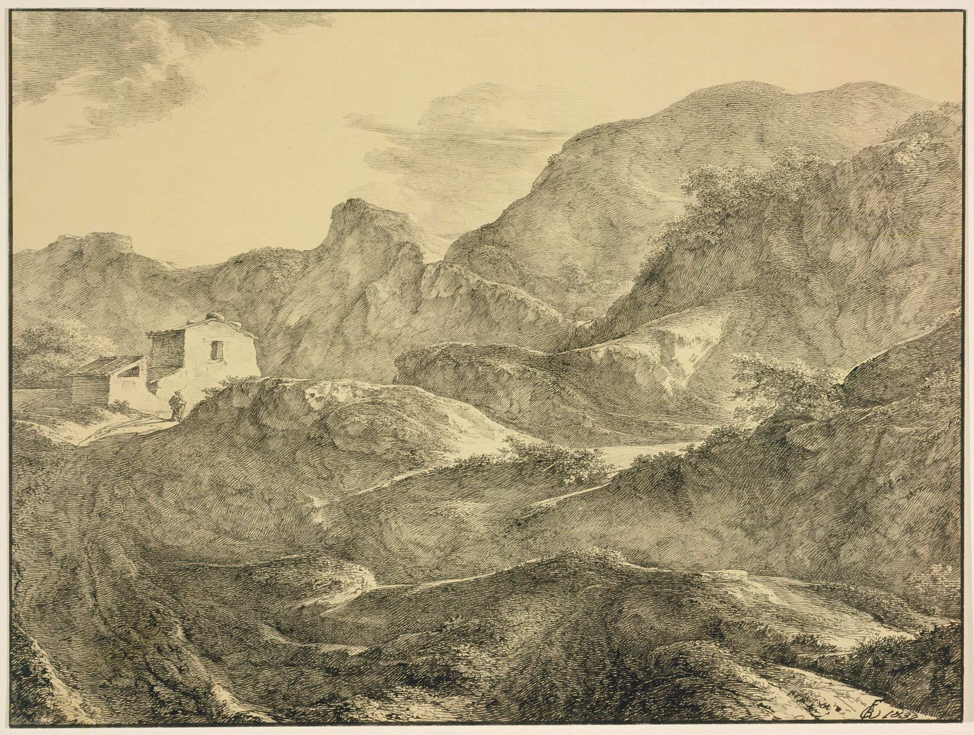 Gebirgslandschaft, links ein Haus mit einem Wanderer davor by Carl Friedrich von Rumohr