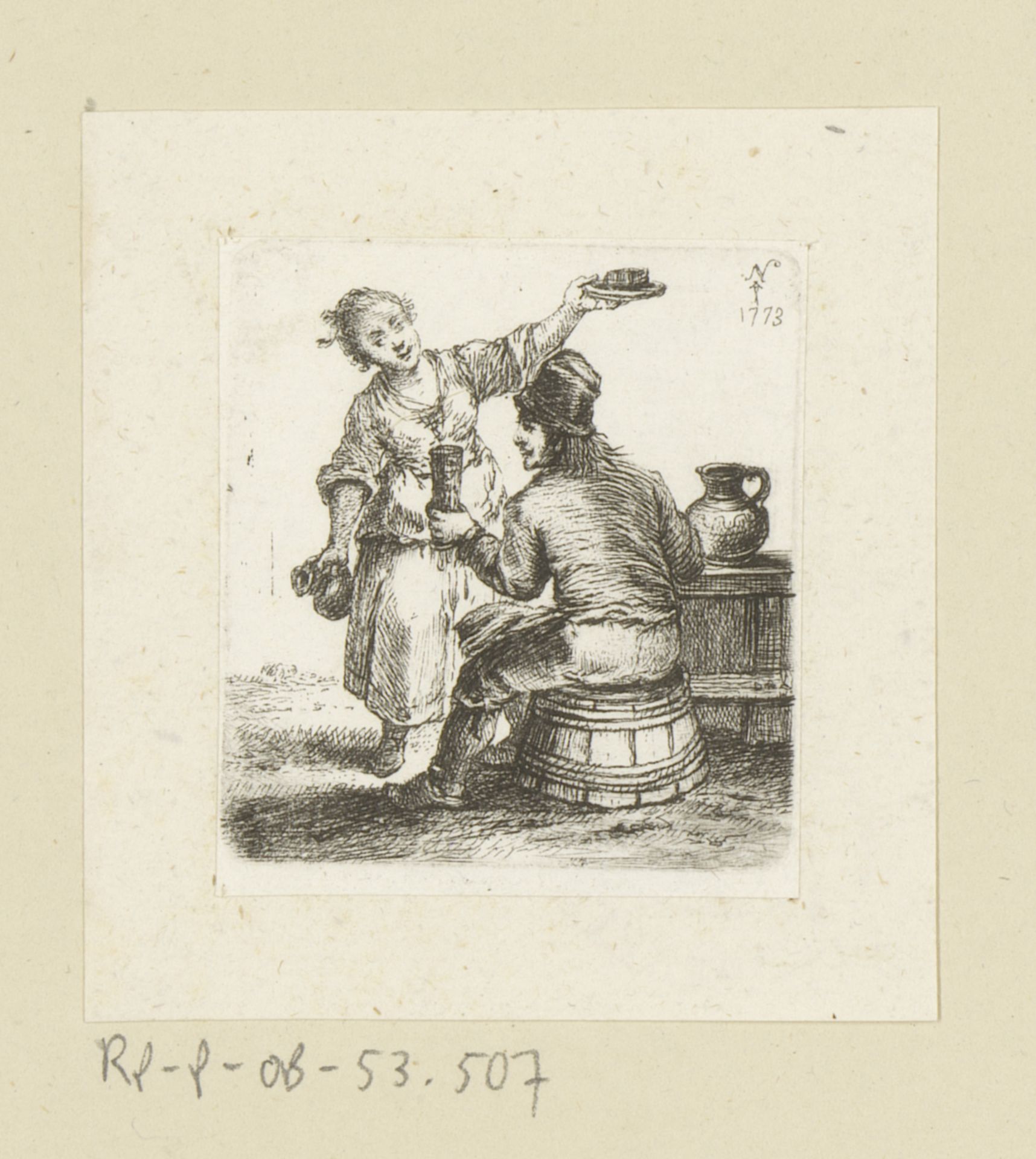 Zittende man met beker en vrouw met kruik en bord by Johann Andreas Benjamin Nothnagel