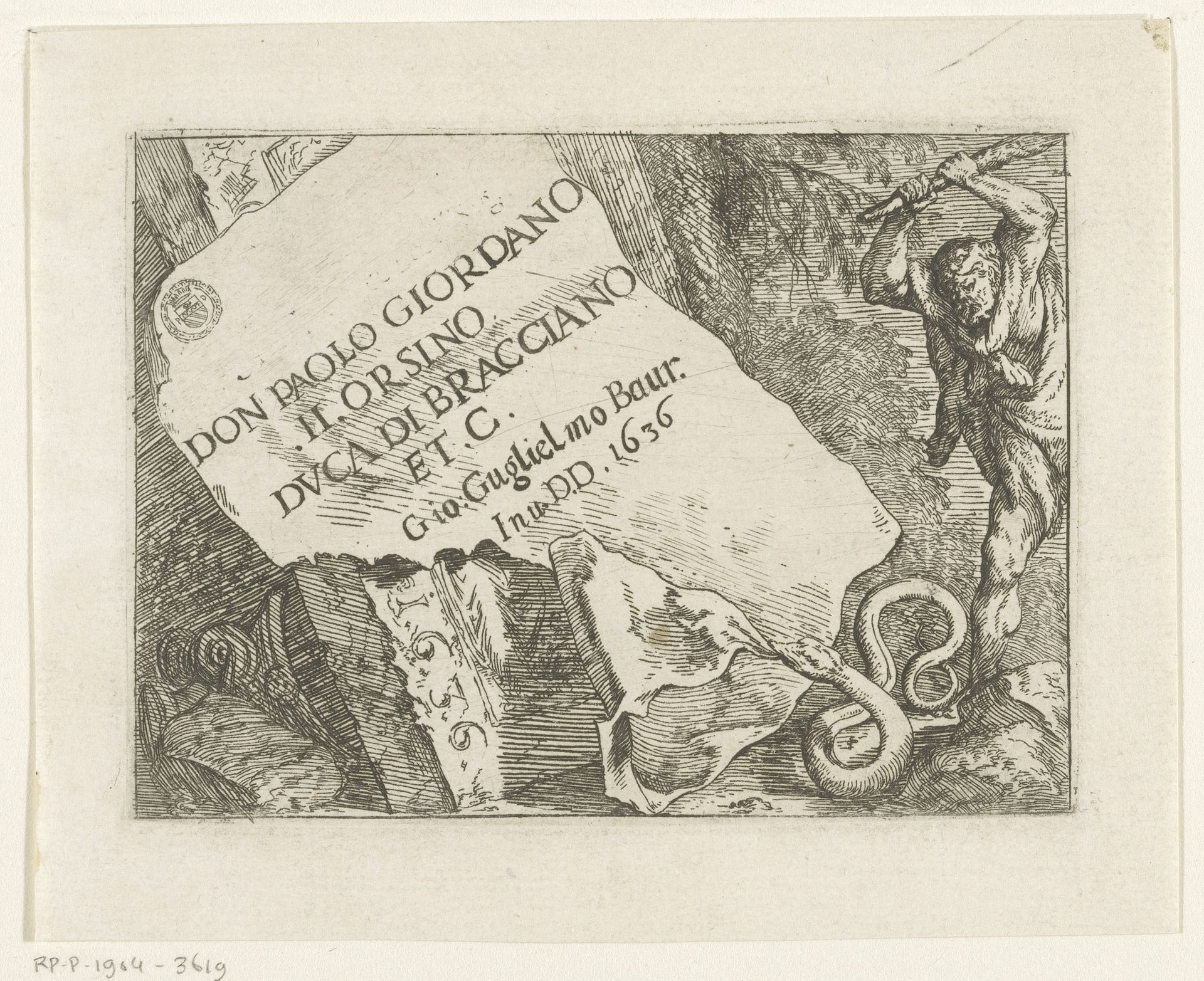 Hercules valt een slang aan die een vel papier met dedicatie verscheurt by Johann Wilhelm Baur
