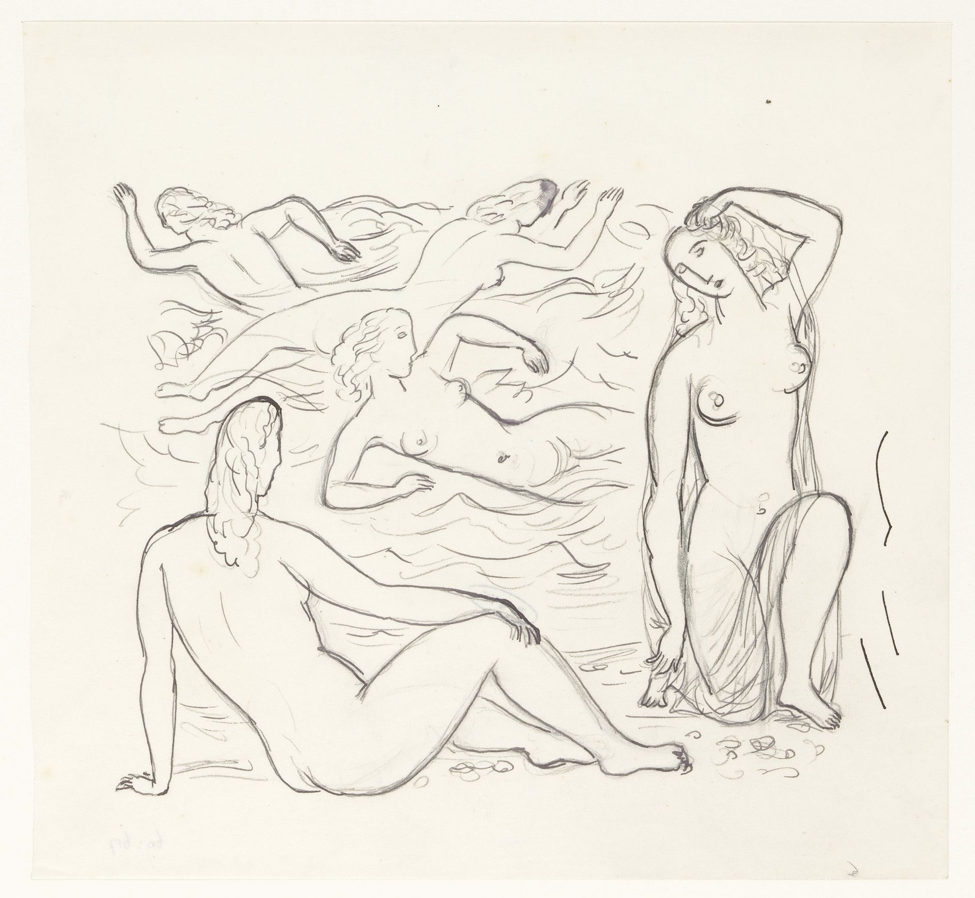 Vijf naakte vrouwen, in de branding of aan het strand by Leo Gestel