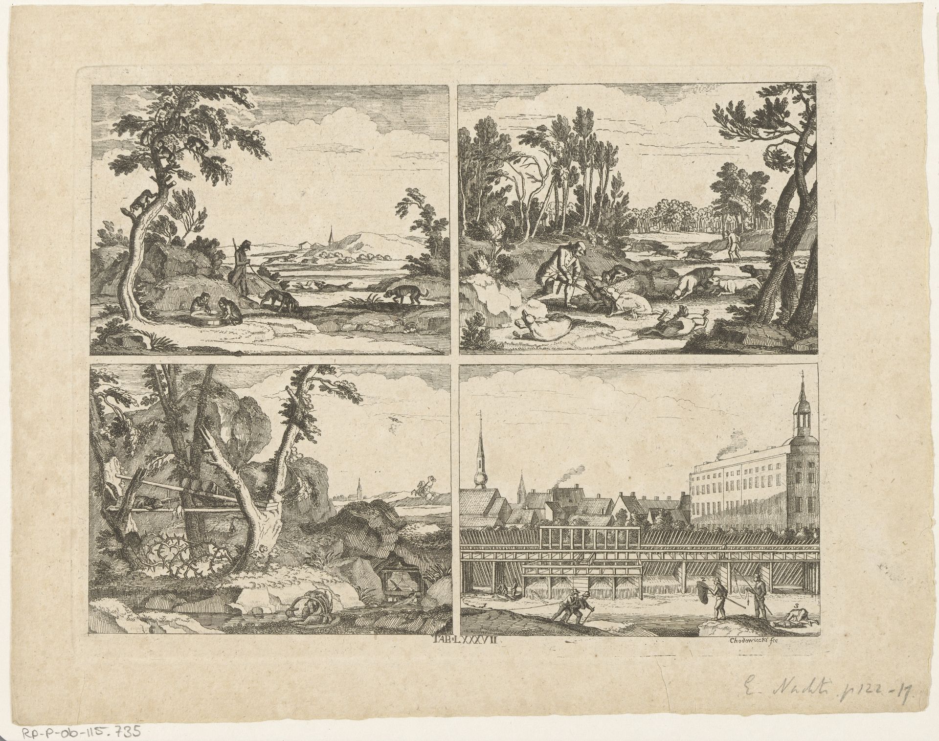 Vier voorstellingen over het vangen van dieren by Gottfried Chodowiecki
